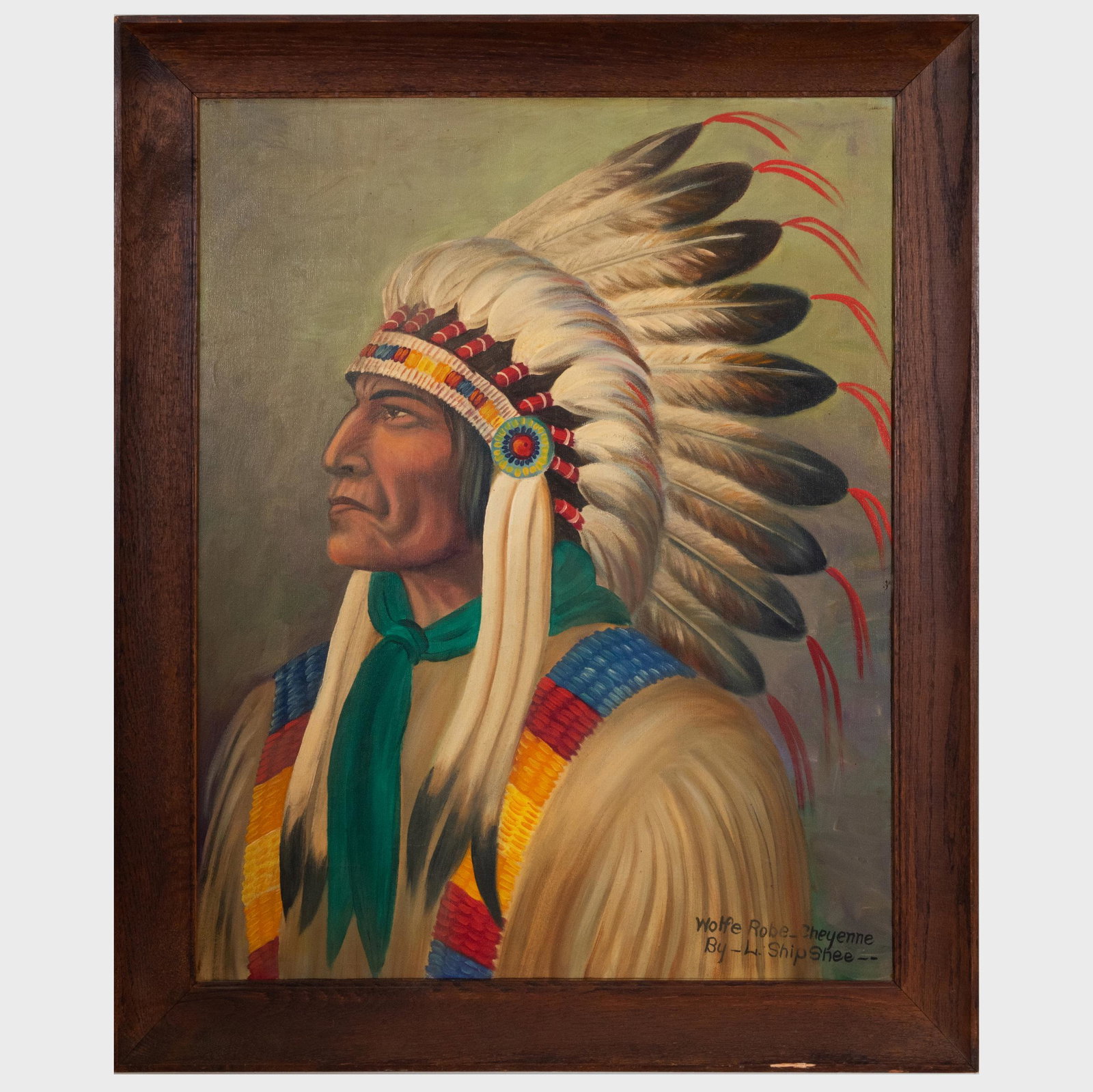 Louis Shipshee (1896-1975): Wolf Robe-Cheyenne: Louis Shipshee (1896-1975): Wolf Robe-Cheyenne Oil on canvas, signed 'L. Shipshee' and titled lower right. 30 x 24 in., 35 x 30 in. (frame).