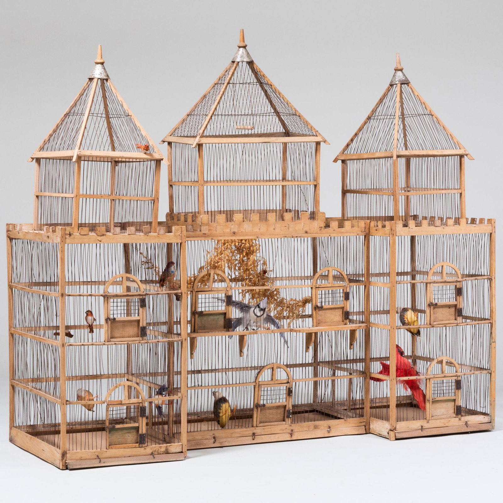 Large Rustic Wood and Wire Crenelated Three Part Bird Cage (1 of 15)