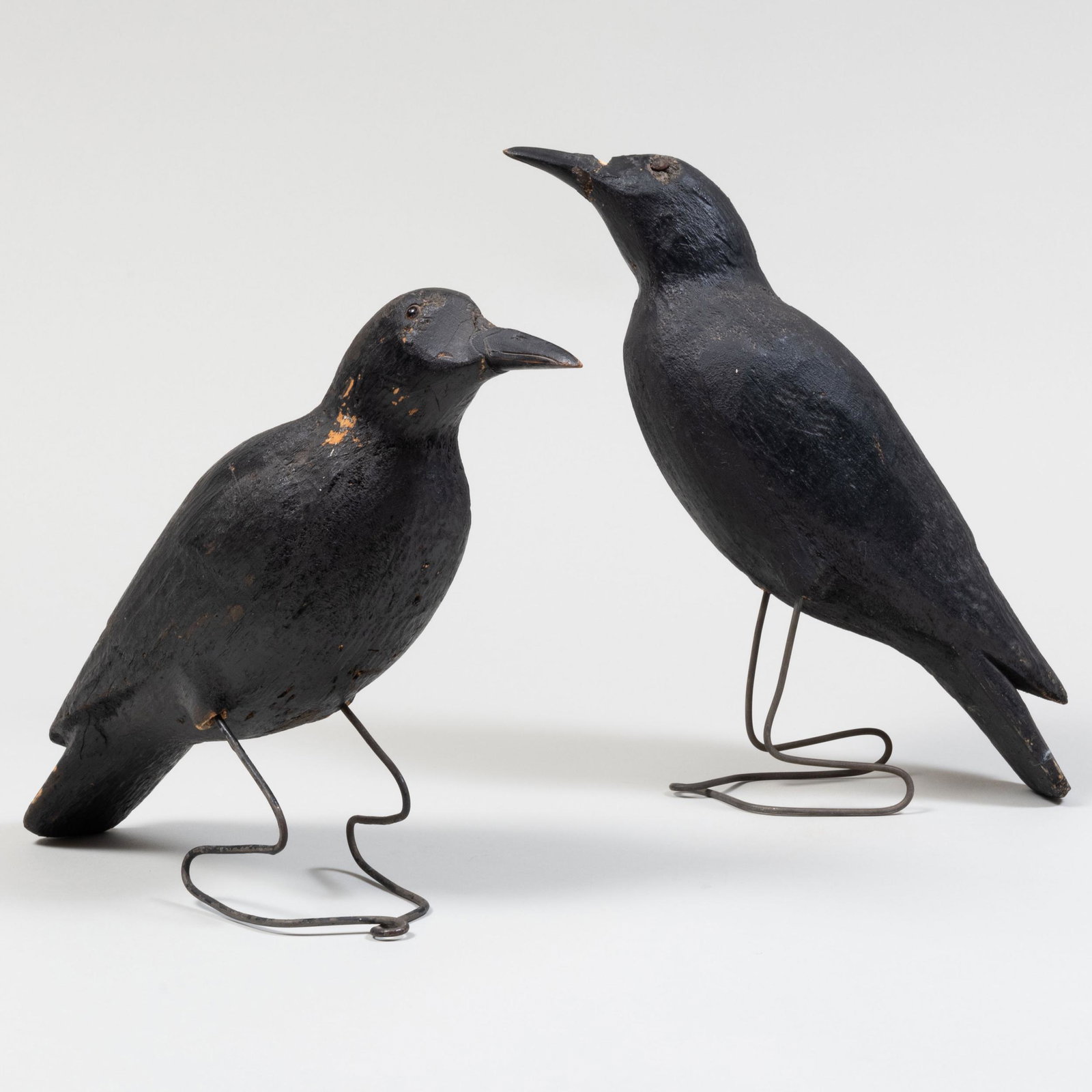 Pair of Painted Folk Art Painted Wood and Wire Models of Crows: Pair of Painted Folk Art Painted Wood and Wire Models of Crows The larger 13 x 12 x 4 1/2 in. Property from the Estate of Ernest Kafka