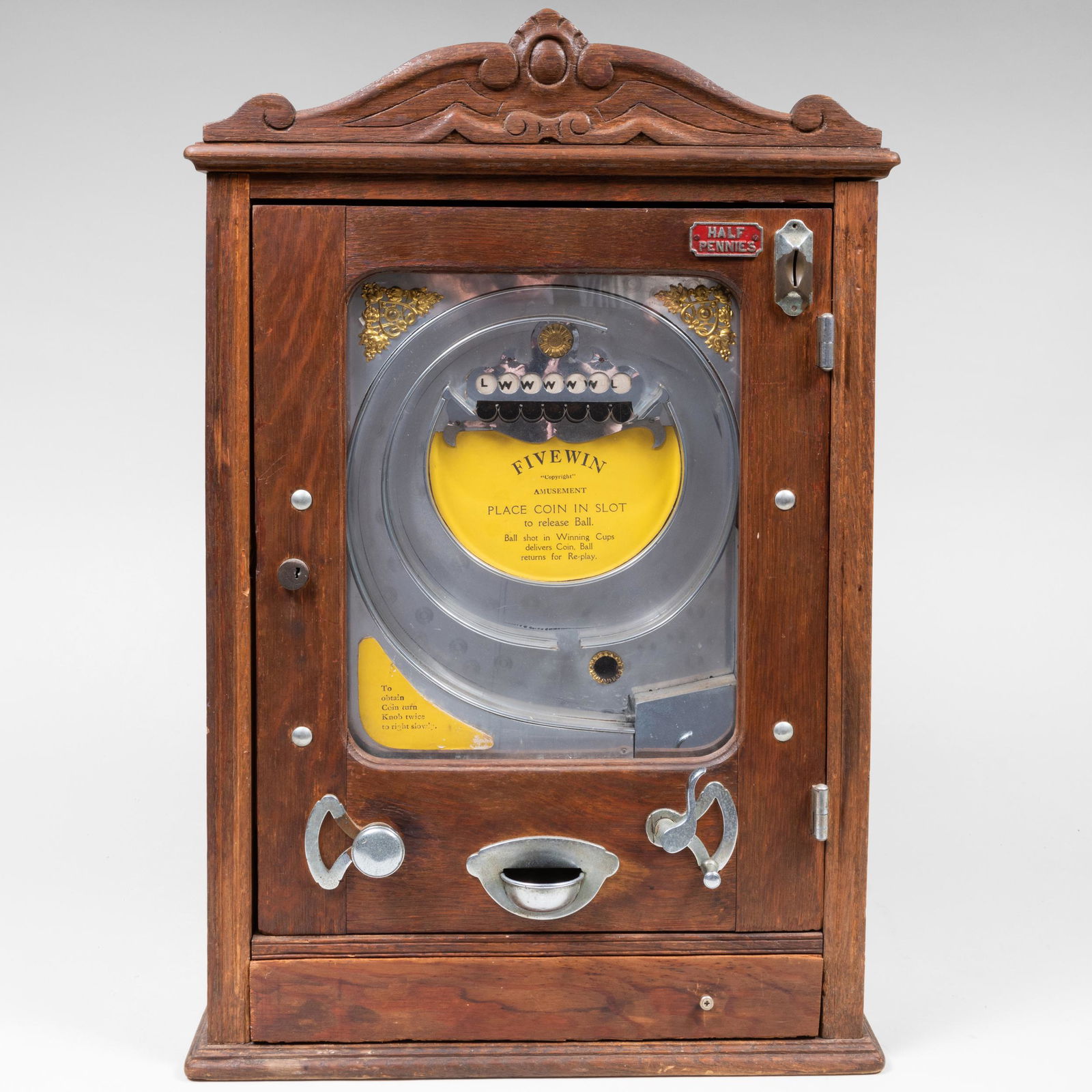 Victorian Oak and Metal 'Five Win' Half Penny Gambling Machine (1 of 13)