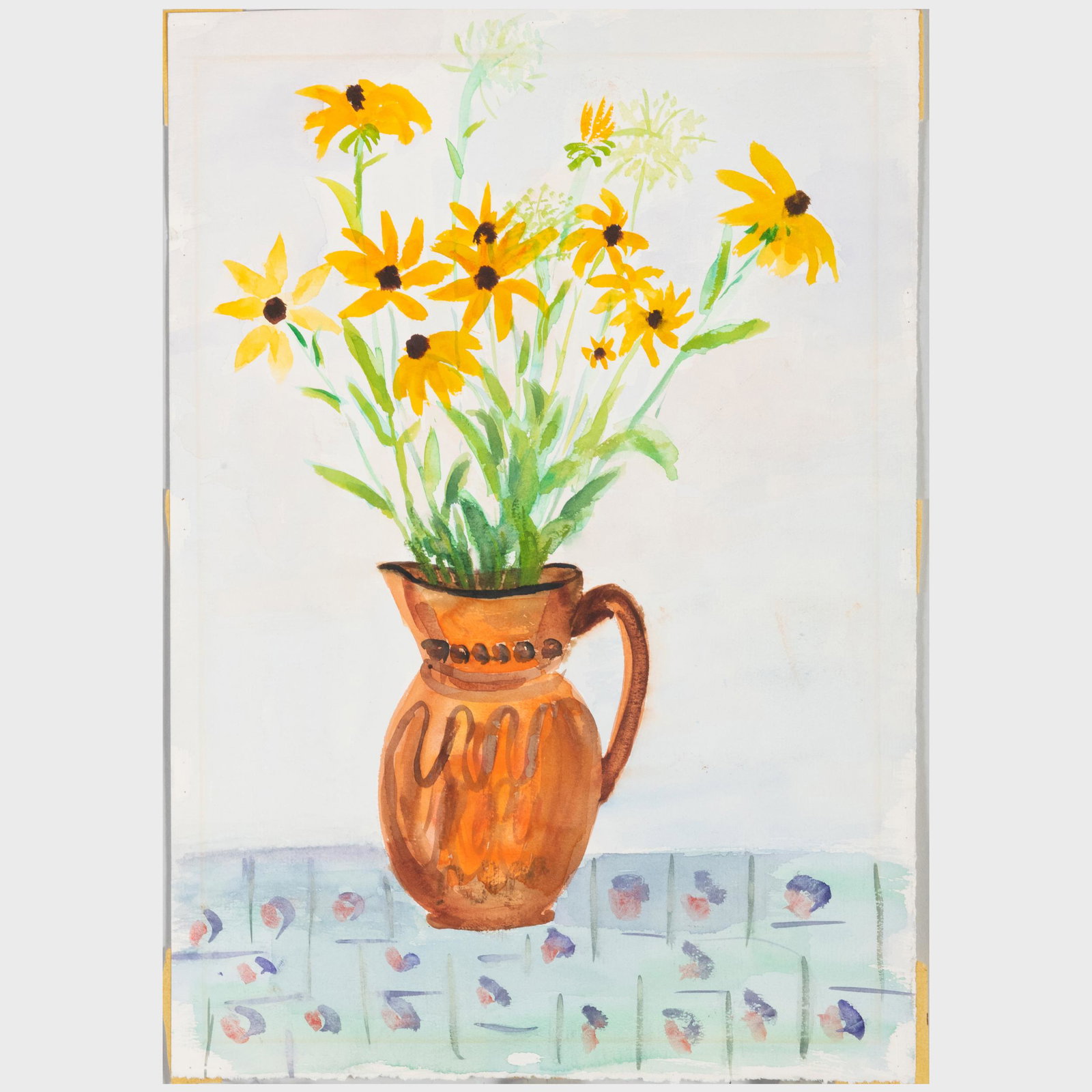Jo Levy (1904-1996): Park Scene; Amish Fair; Interior and Still Life with Orange Vase: Jo Levy (1904-1996): Park Scene; Amish Fair; Interior and Still Life with Orange Vase Two gouache on paper, one colored pencil on paper and one watercolor on paper, all unsigned. Various sizes, all un