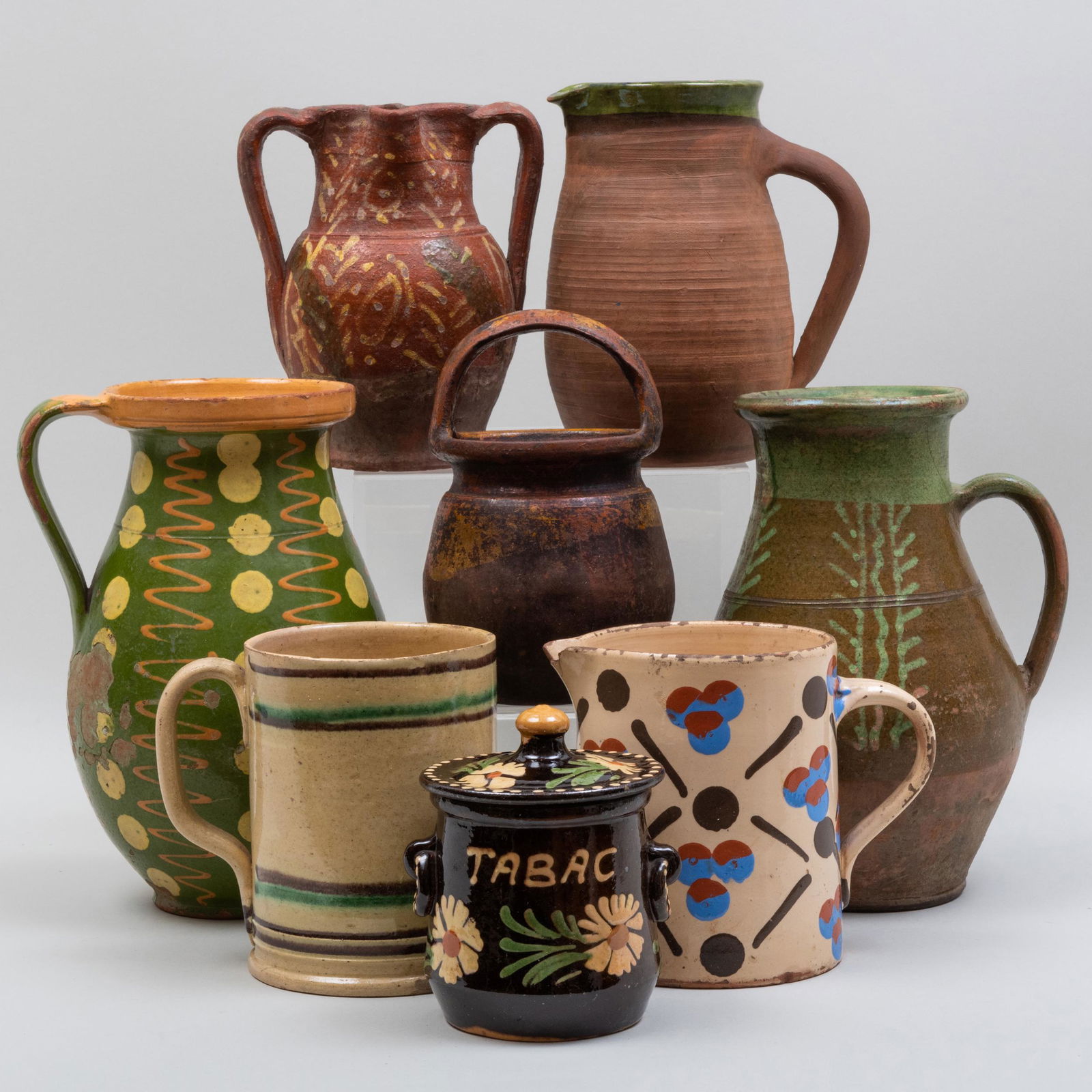 Group of Five Earthenware Pitchers and a Group of Slip Decorated Vessels (1 of 20)