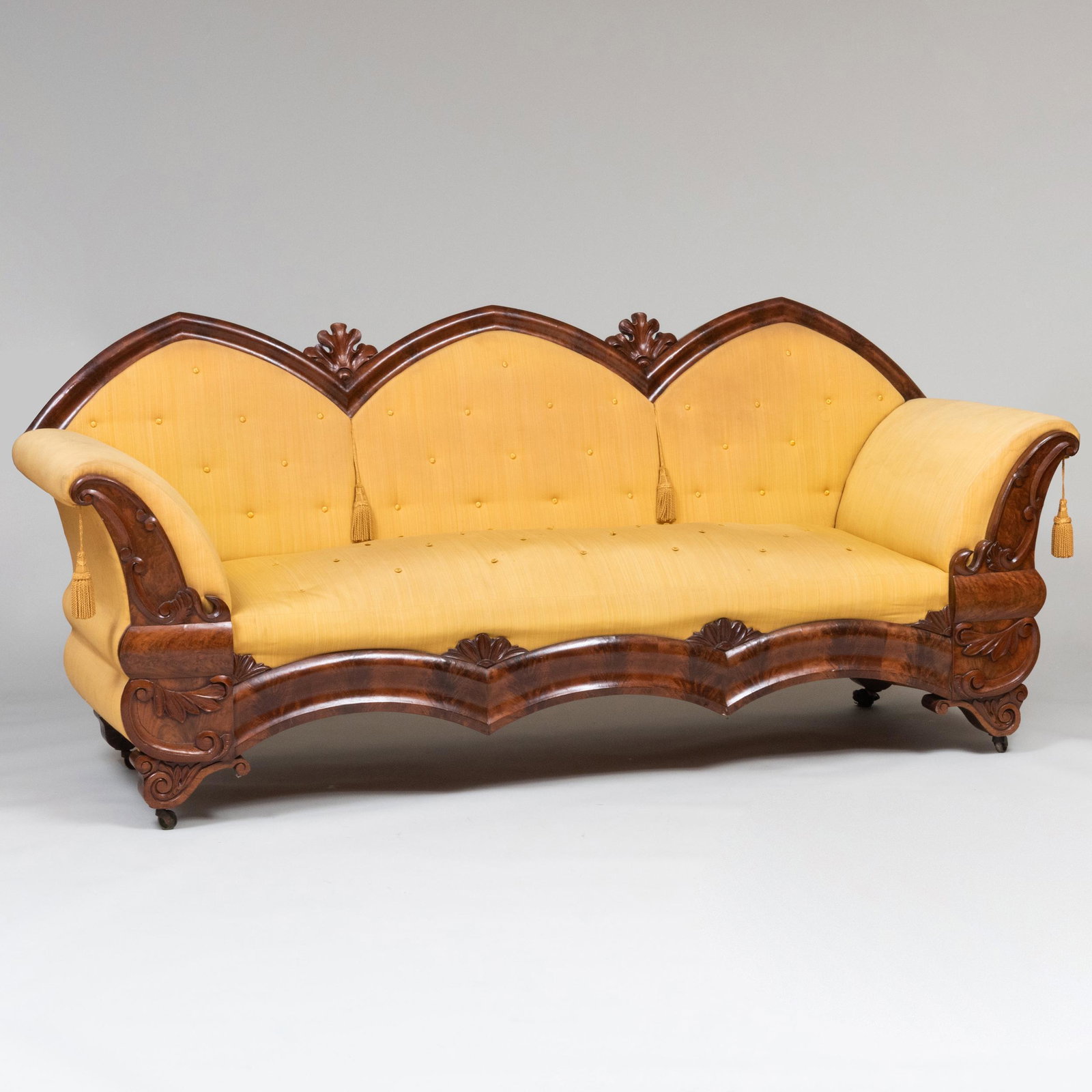 Gothic Revival Carved Mahogany and Upholstered Sofa: Gothic Revival Carved Mahogany and Upholstered Sofa 37 x 7 ft. x 29 1/4 in., height of seat 15 in.