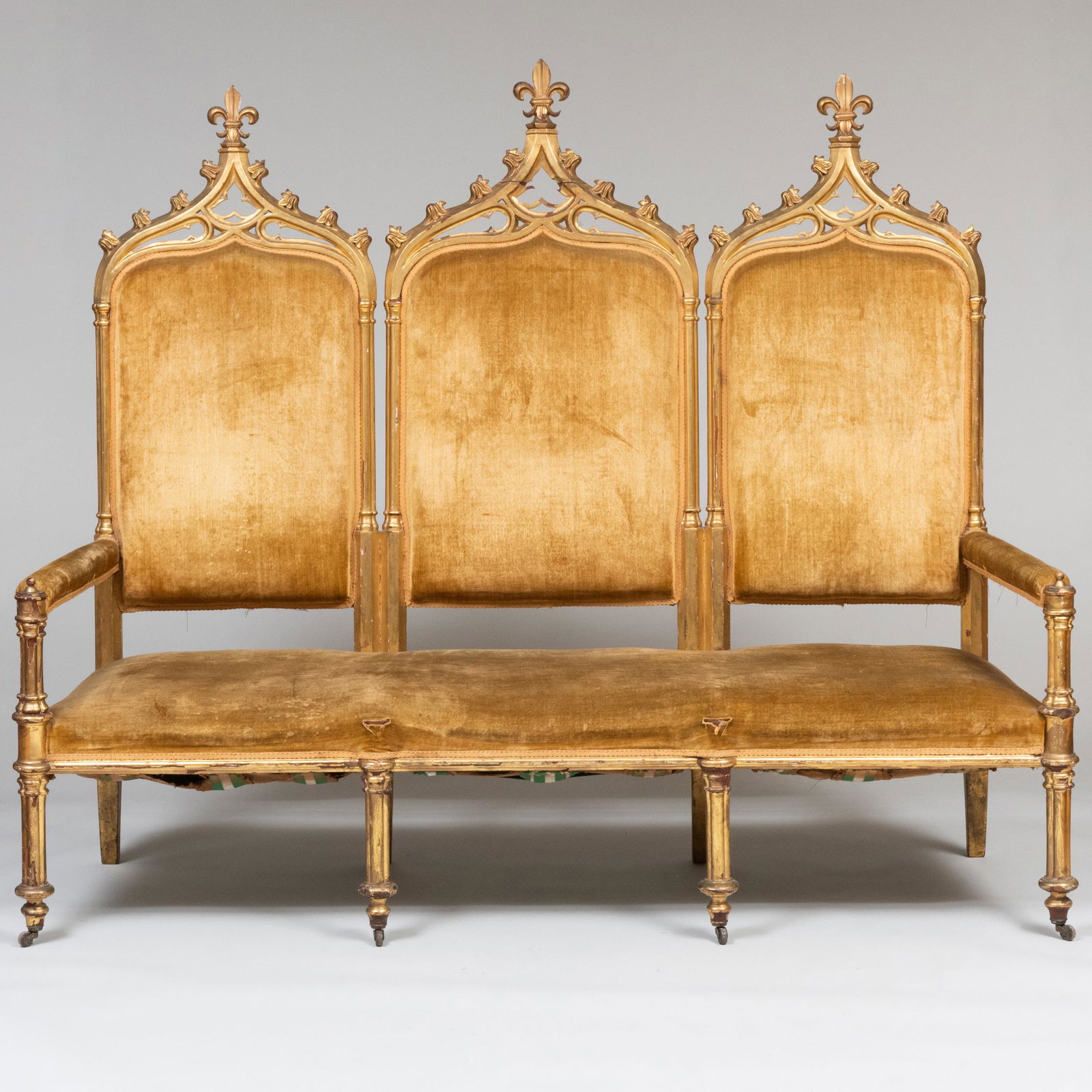 Gothic Revival Giltwood and Velvet Upholstered Triple Back Sofa (1 of 10)