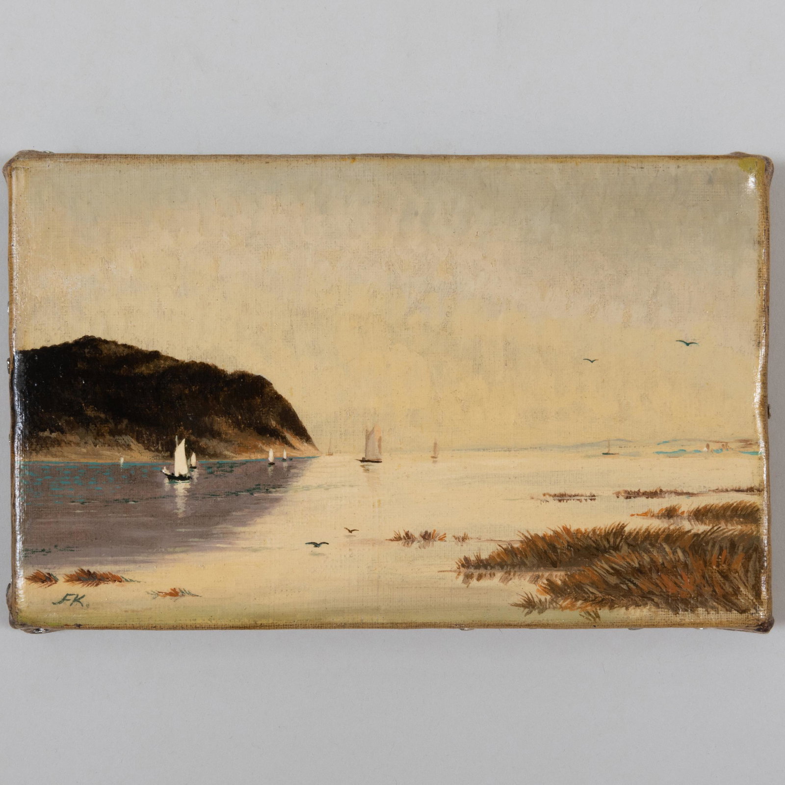 American School: Seascape with Sailboats: American School: Seascape with Sailboats Oil on canvas, signed with initials 'FK', lined. 6 x 9 1/4 in., unframed.