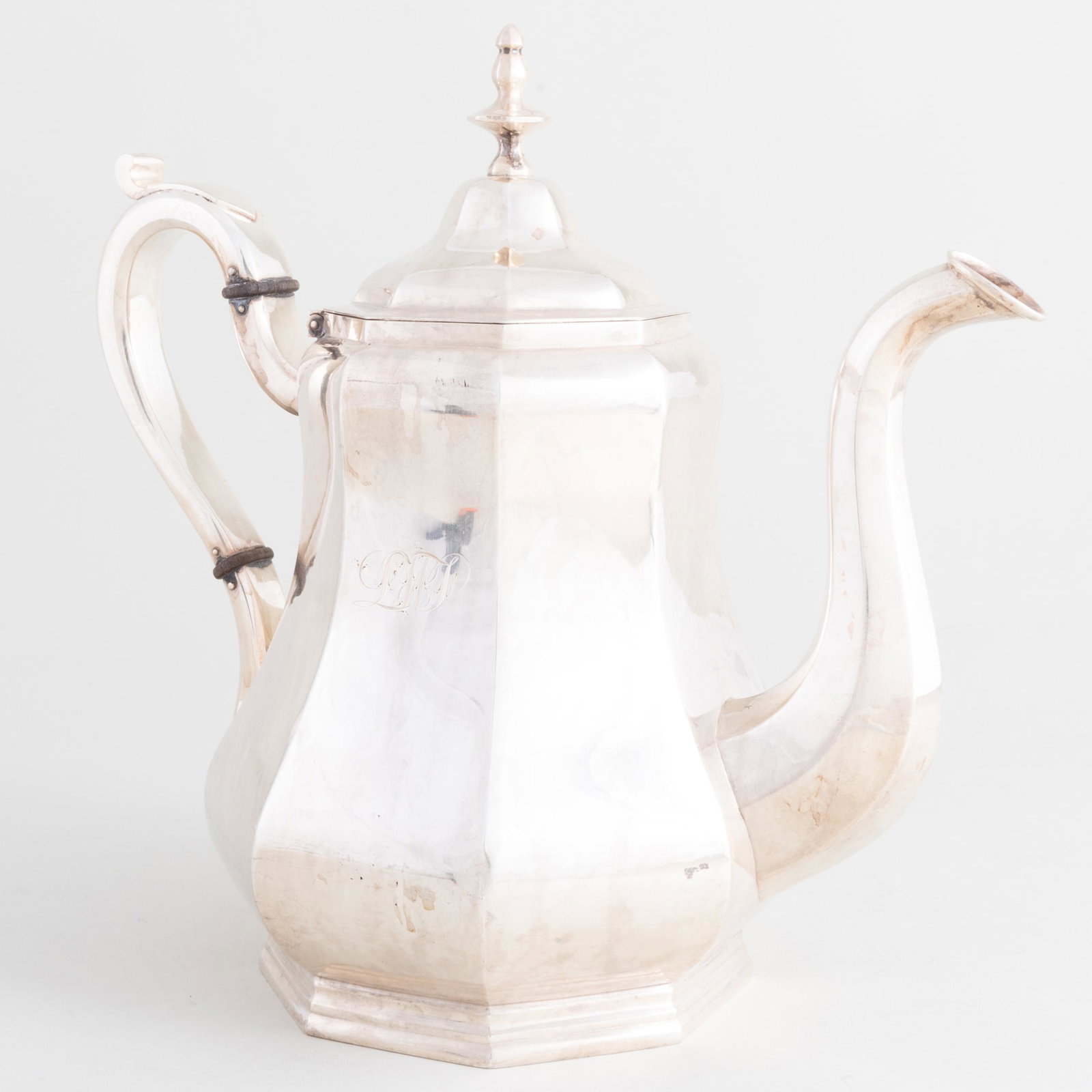 Jones, Ball & Poor Coin Silver Coffee Pot: Jones, Ball & Poor Coin Silver Coffee Pot Marked 'Pure Coin', monogrammed. 9 1/4 x 9 3/3 x 5 1/3 in., 25.7 oz. approx. gross weight.