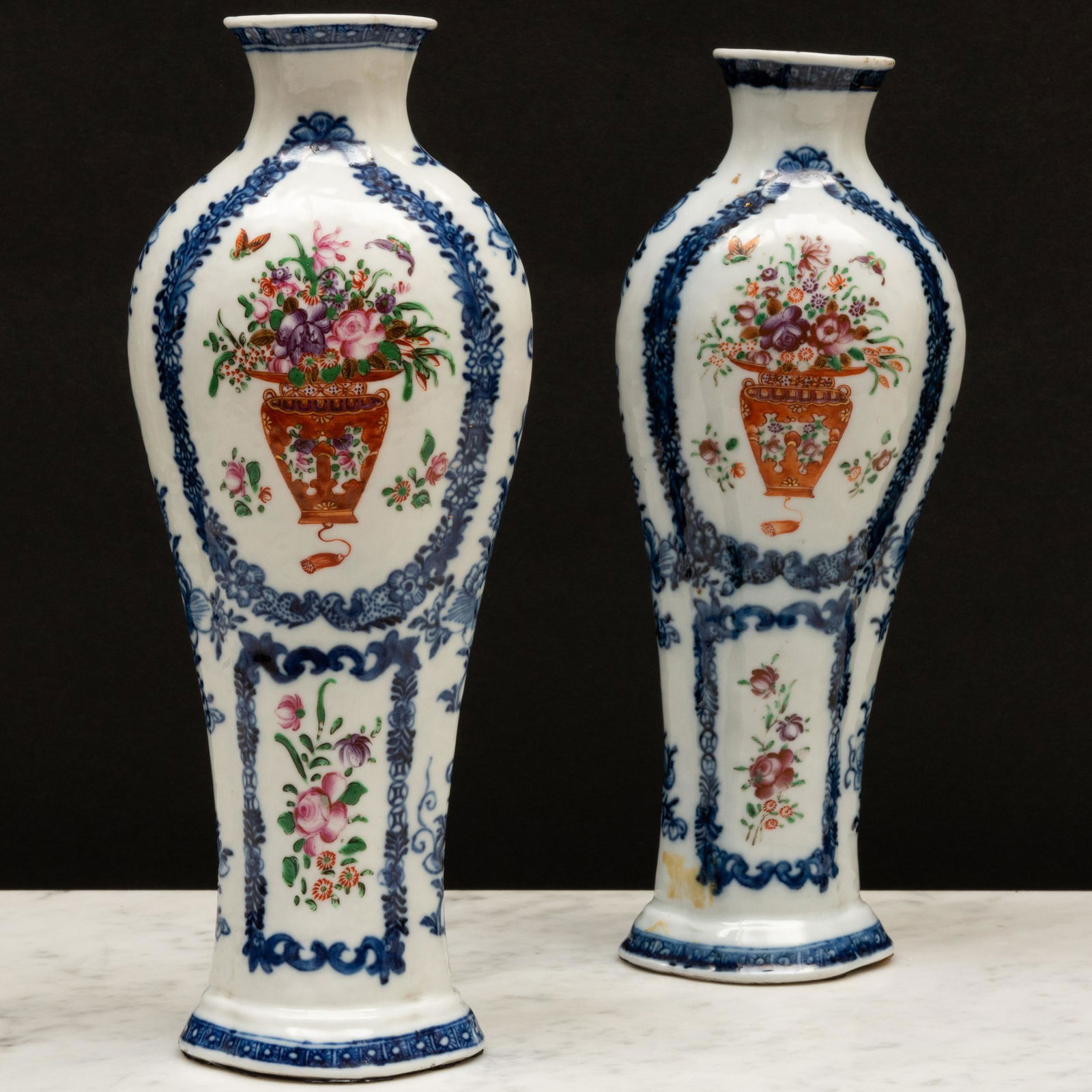 Pair of Chinese Export Famille Rose and Underglaze Blue Porcelain Flattened Baluster Vases (1 of 7)