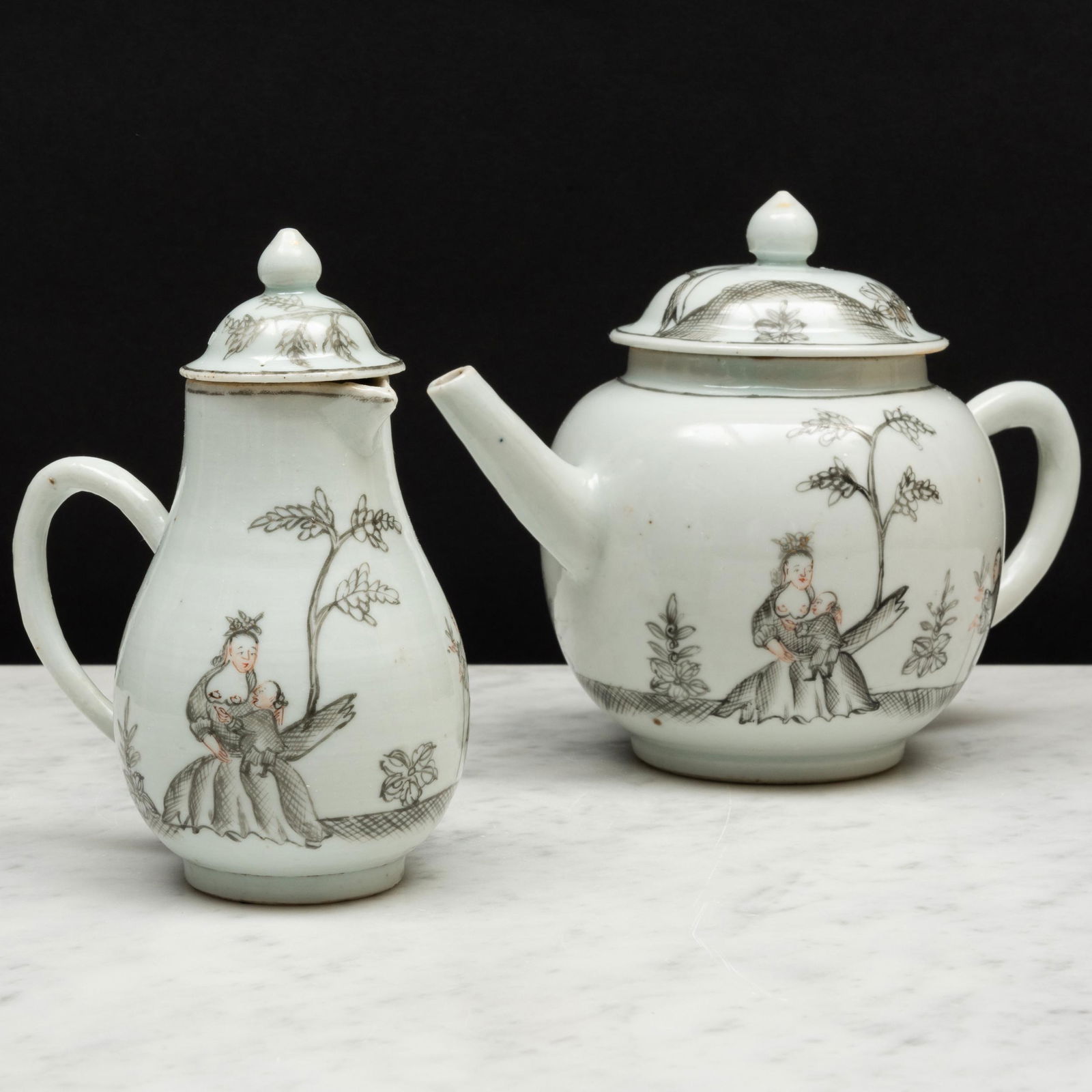 Chinese Export Grisaille Porcelain European Subject Teapot and Cover and a Hot Milk Jug and Cover (1 of 8)
