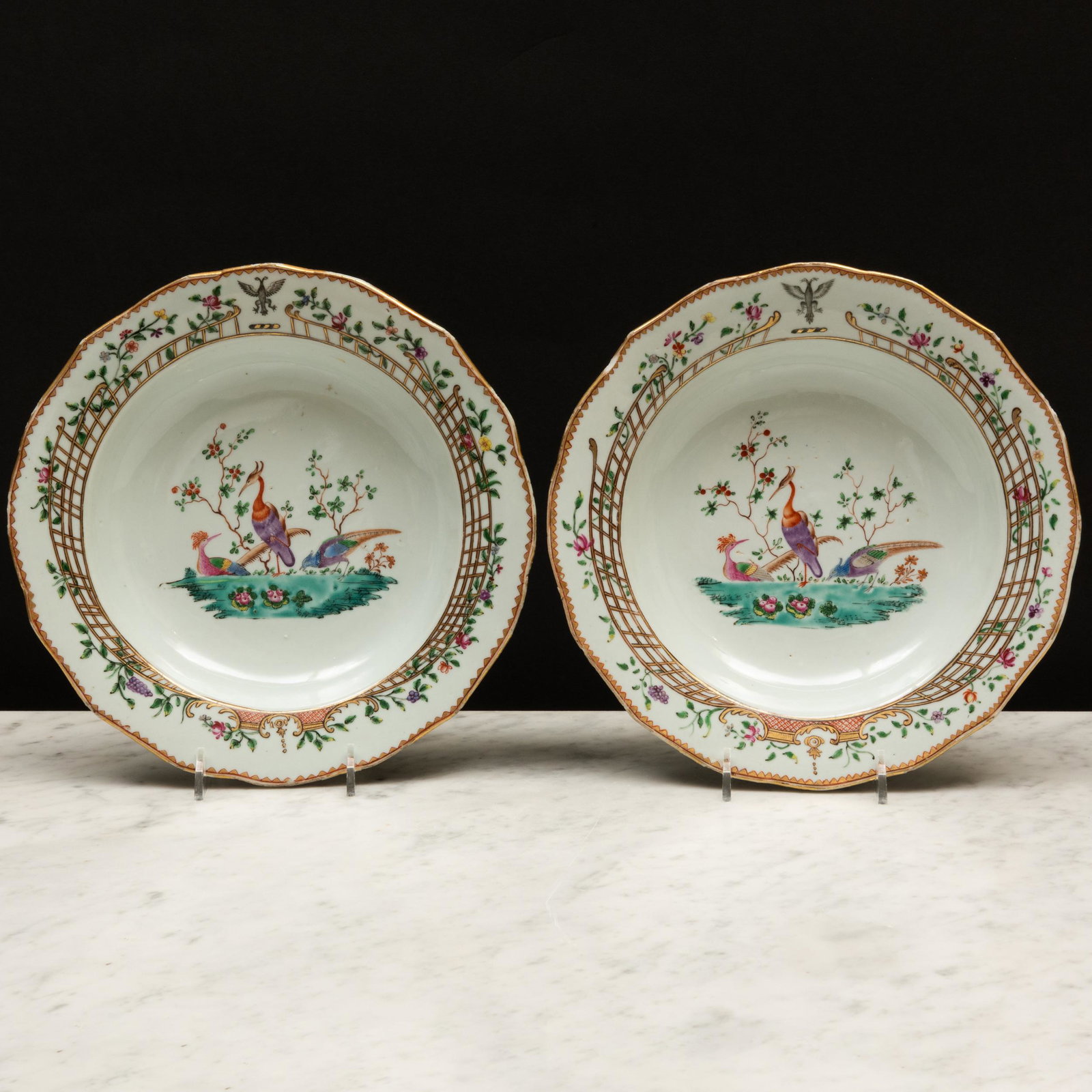 Pair of Chinese Export Meissen Style Porcelain Crested Soup Plates Decorated with Waterbirds: Pair of Chinese Export Meissen Style Porcelain Crested Soup Plates Decorated with Waterbirds Unmarked. 9 1/8 in. diam. Chinese Export Porcelain from the Tibor Collection