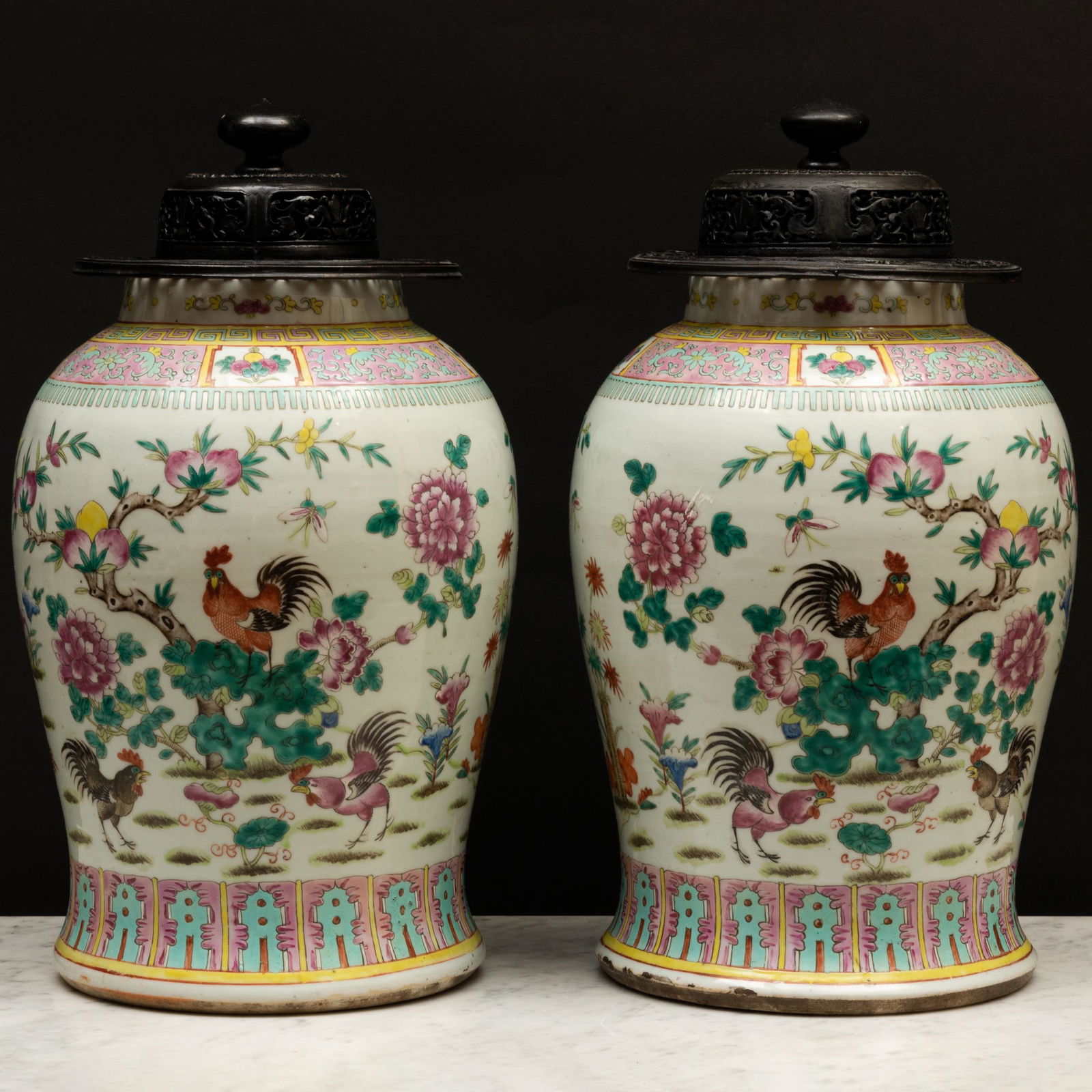 Pair of Chinese Famille Rose Porcelain Jars and Two Carved Wood Covers (1 of 8)