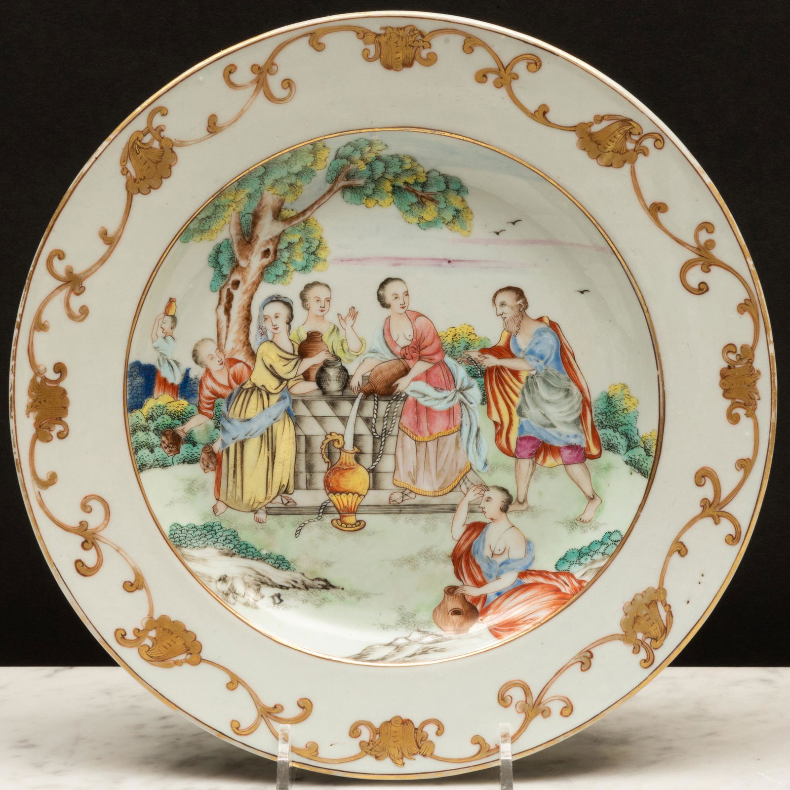 Chinese Export Porcelain Famille Rose 'Rebecca at the Well' Plate (1 of 6)