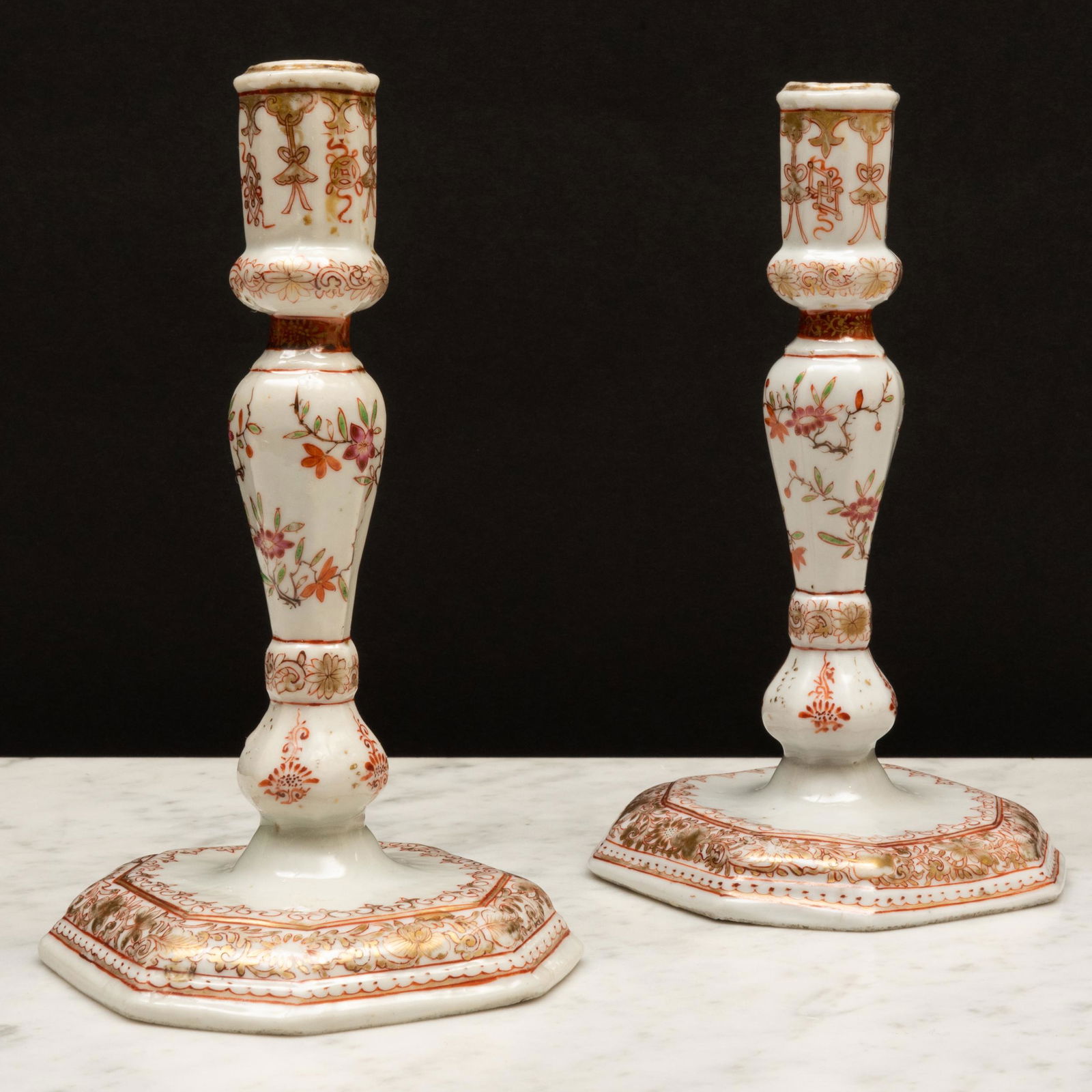 Pair of Chinese Export Iron Red and Gilt Decorated Porcelain Candlesticks (1 of 10)
