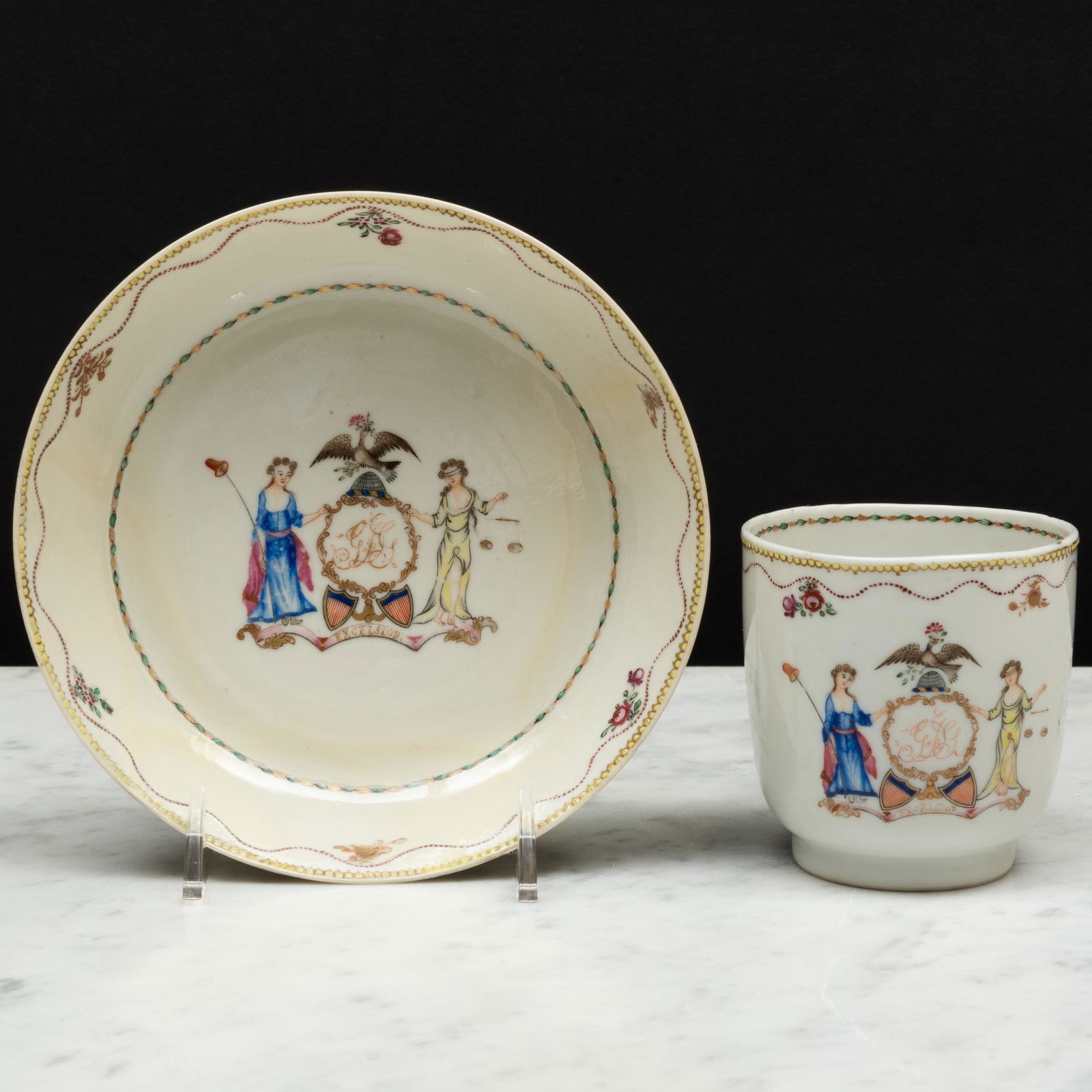 Chinese Export American Market Porcelain Coffee Cup and Saucer with the Arms of New York State (1 of 9)