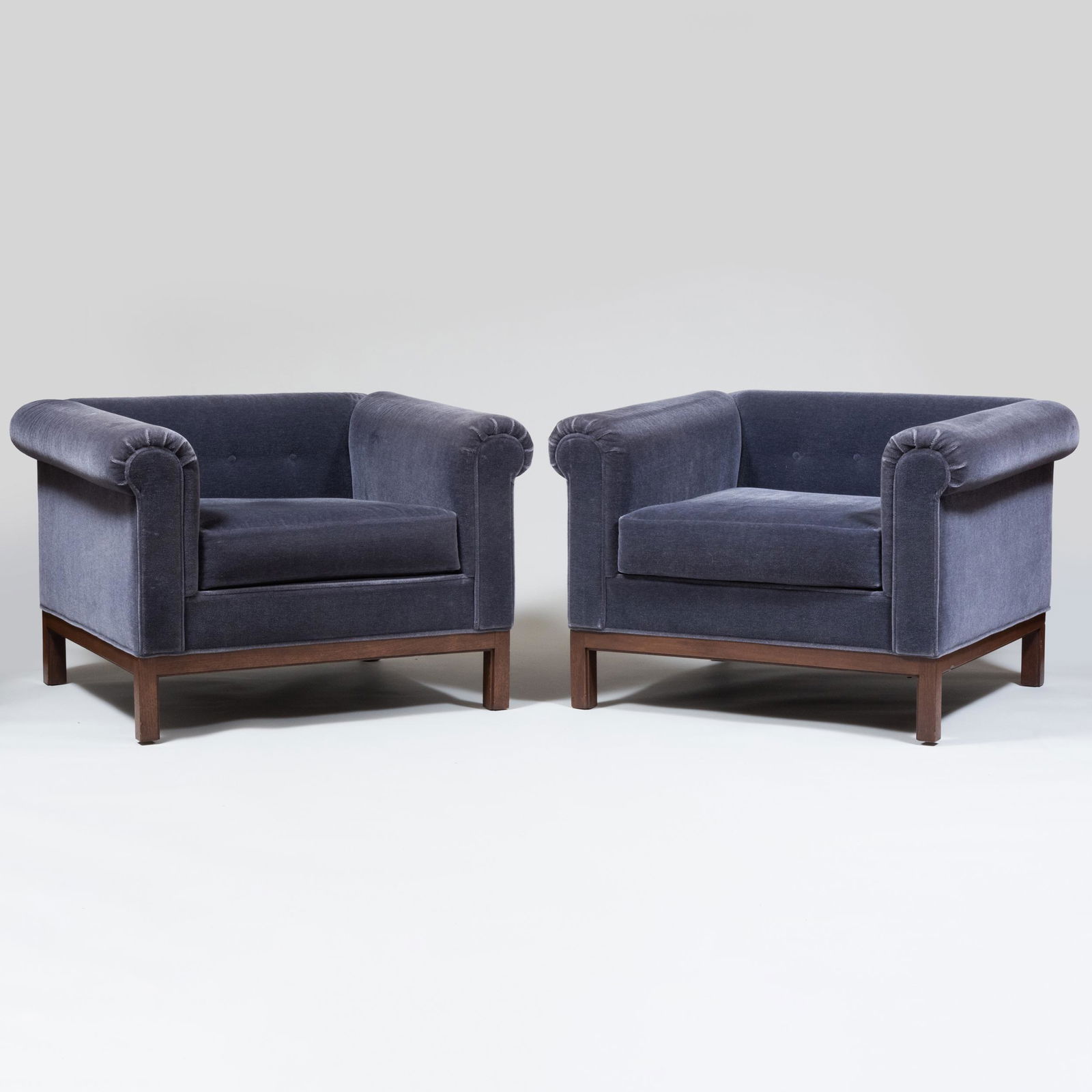Pair of Roger Sprunger for Dunbar Upholstered "Roll Arm Chairs': Pair of Roger Sprunger for Dunbar Upholstered "Roll Arm Chairs' With a fabric label: 'DUNBAR'. 26 x 38 x 33 ¼ in., height of seat 17 ½ in.