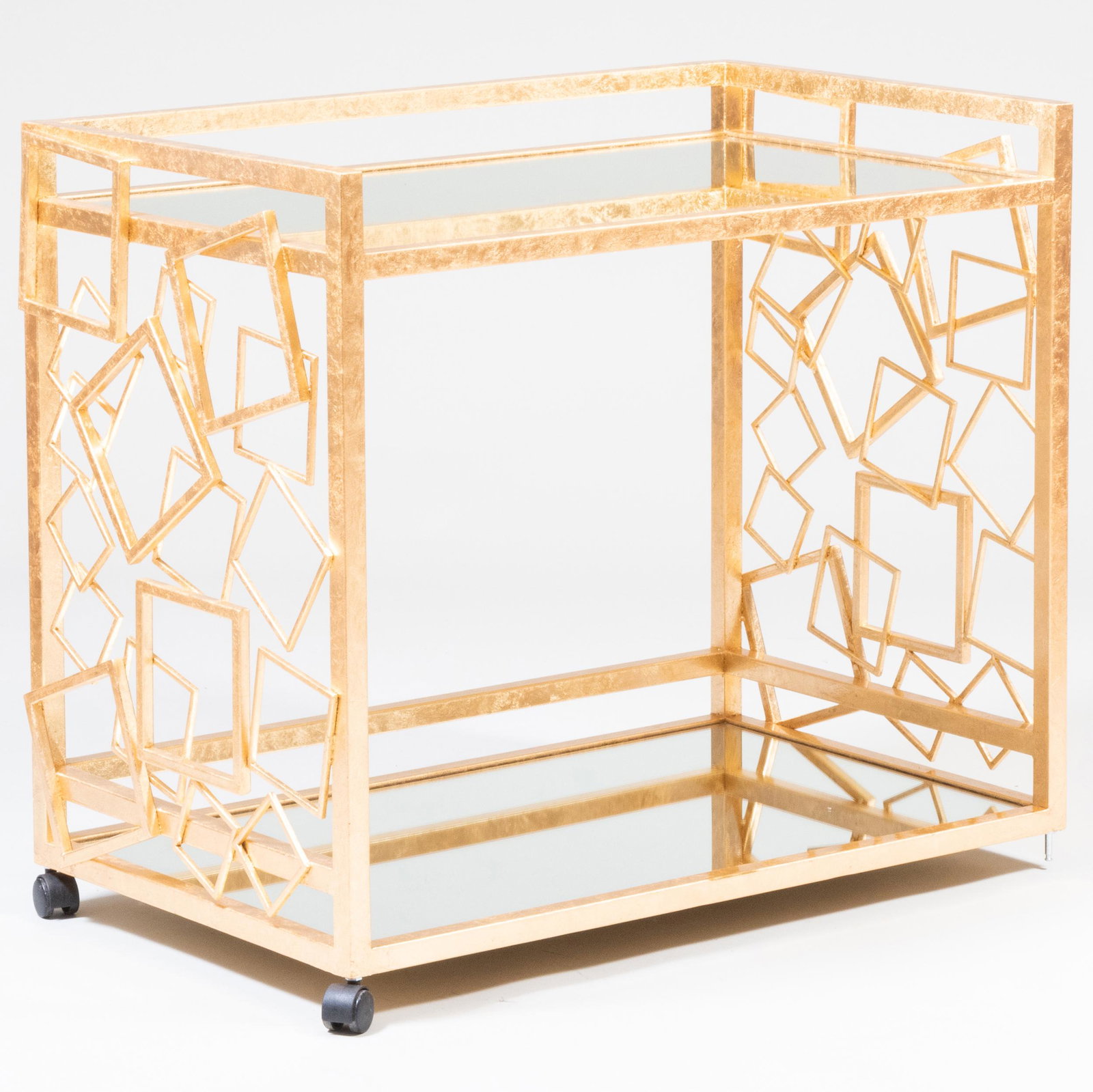 Innova Luxury Group Gilt Metal Lacquered and Mirror 'Monterey' Bar Cart: Innova Luxury Group Gilt Metal Lacquered and Mirror 'Monterey' Bar Cart 32 1/4 x 36 x 22 1/4 in.
