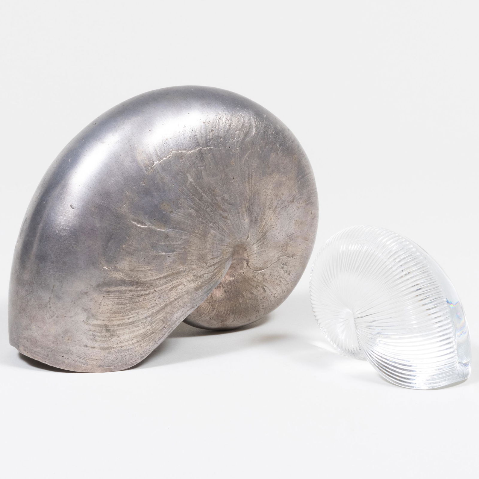 Silver Overlay Chambered Nautilus Shell and Baccarat Glass Model of a Chambered Nautilus Shell (1 of 7)