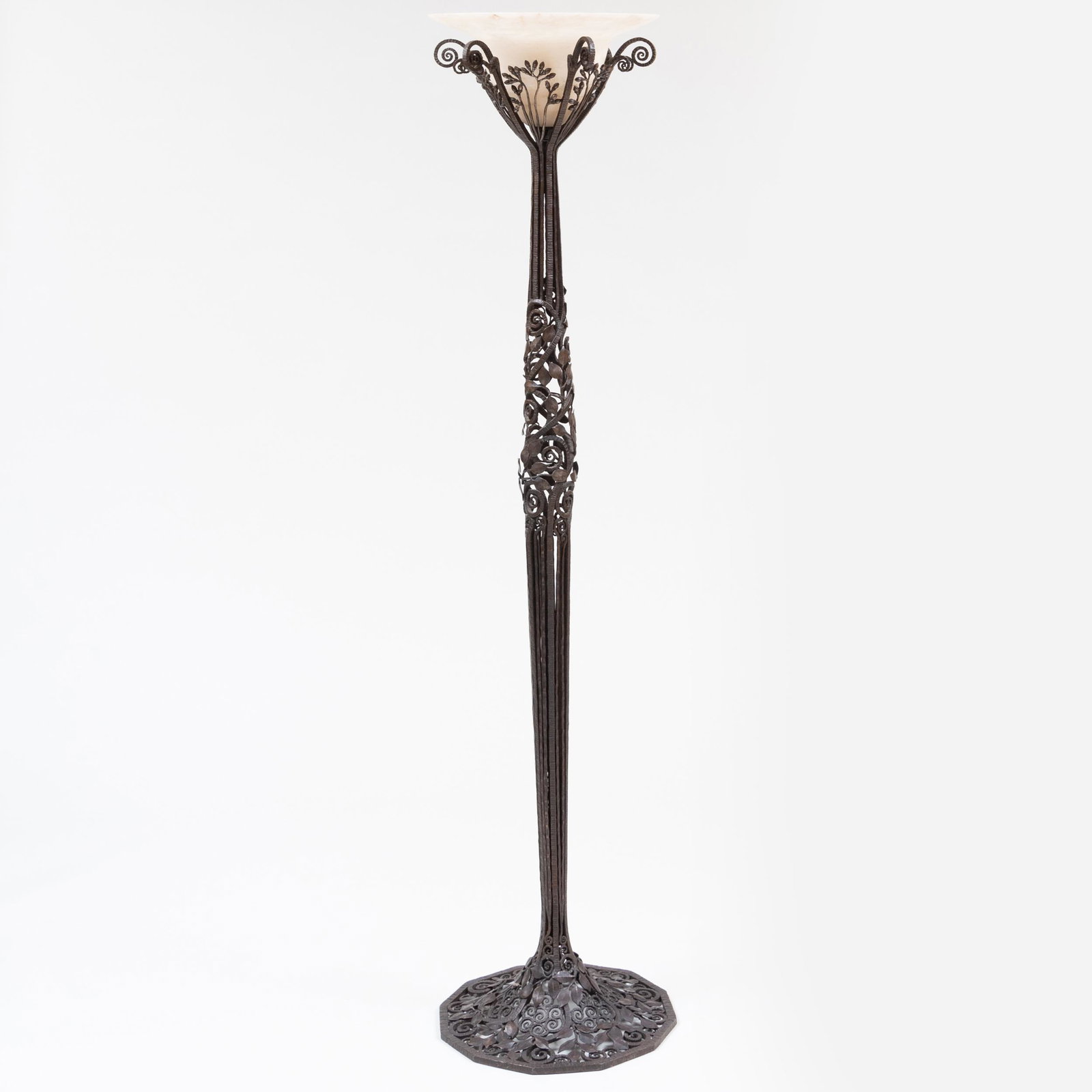 Art Deco Style Wrought Iron and Alabaster Floor Lamp, In the Style of  'Les Roses' by Edgar Brandt (1 of 10)