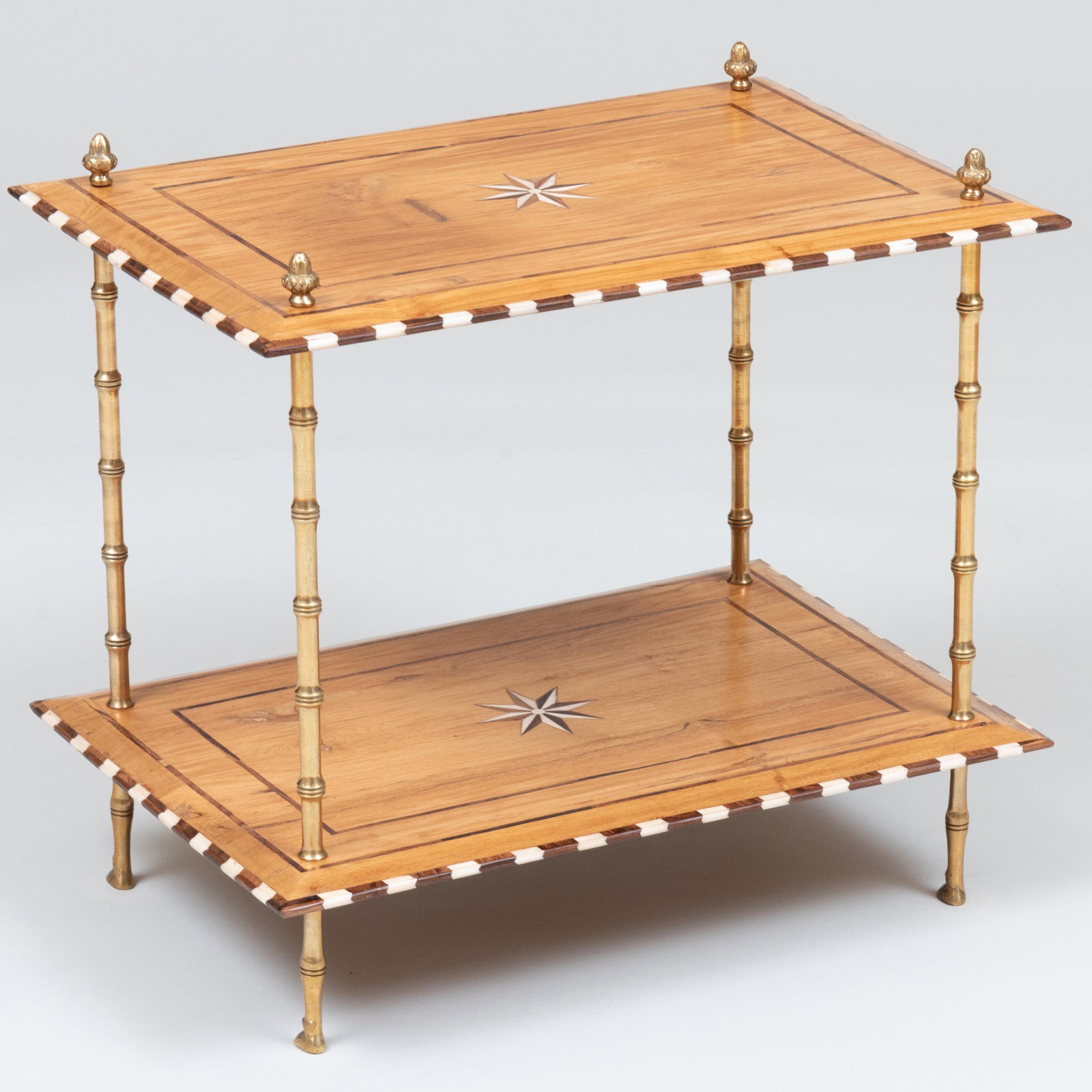 Contemporary Gilt-Metal Faux Bamboo, Bone and Coconut-Inlaid Fruitwood Two Tier Side Table: Contemporary Gilt-Metal Faux Bamboo, Bone and Coconut-Inlaid Fruitwood Two Tier Side Table 22 x 23 3/4 x 15 3/4 in. Property from the Collection of Susan Lasker Brody