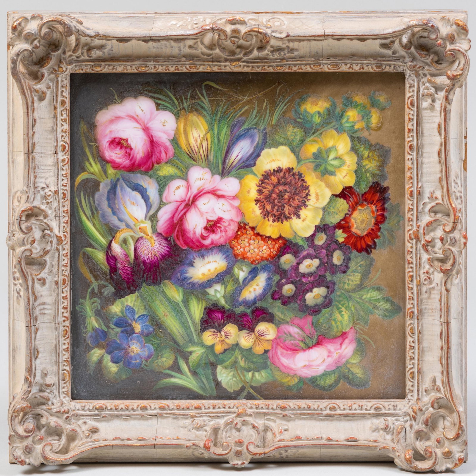 Derby Porcelain Square Plaque with Bouquet: Derby Porcelain Square Plaque with Bouquet Apparently unmarked. 11 x 11 in. (frame). Applied label for Arthur Ackermann & Son Inc, NY. Property from the Collection of Susan Lasker Brody