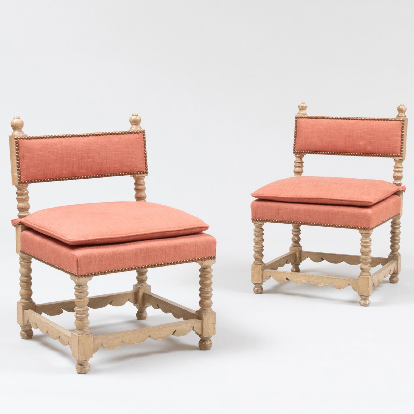 Pair of Baroque Style Cream Painted and Linen Upholstered Child's Chairs: Pair of Baroque Style Cream Painted and Linen Upholstered Child's Chairs 26 3/4 x 17 3/4 x 17 1/2 in., height of seat 15 1/2 in. Property from the Collection of Susan Lasker Brody