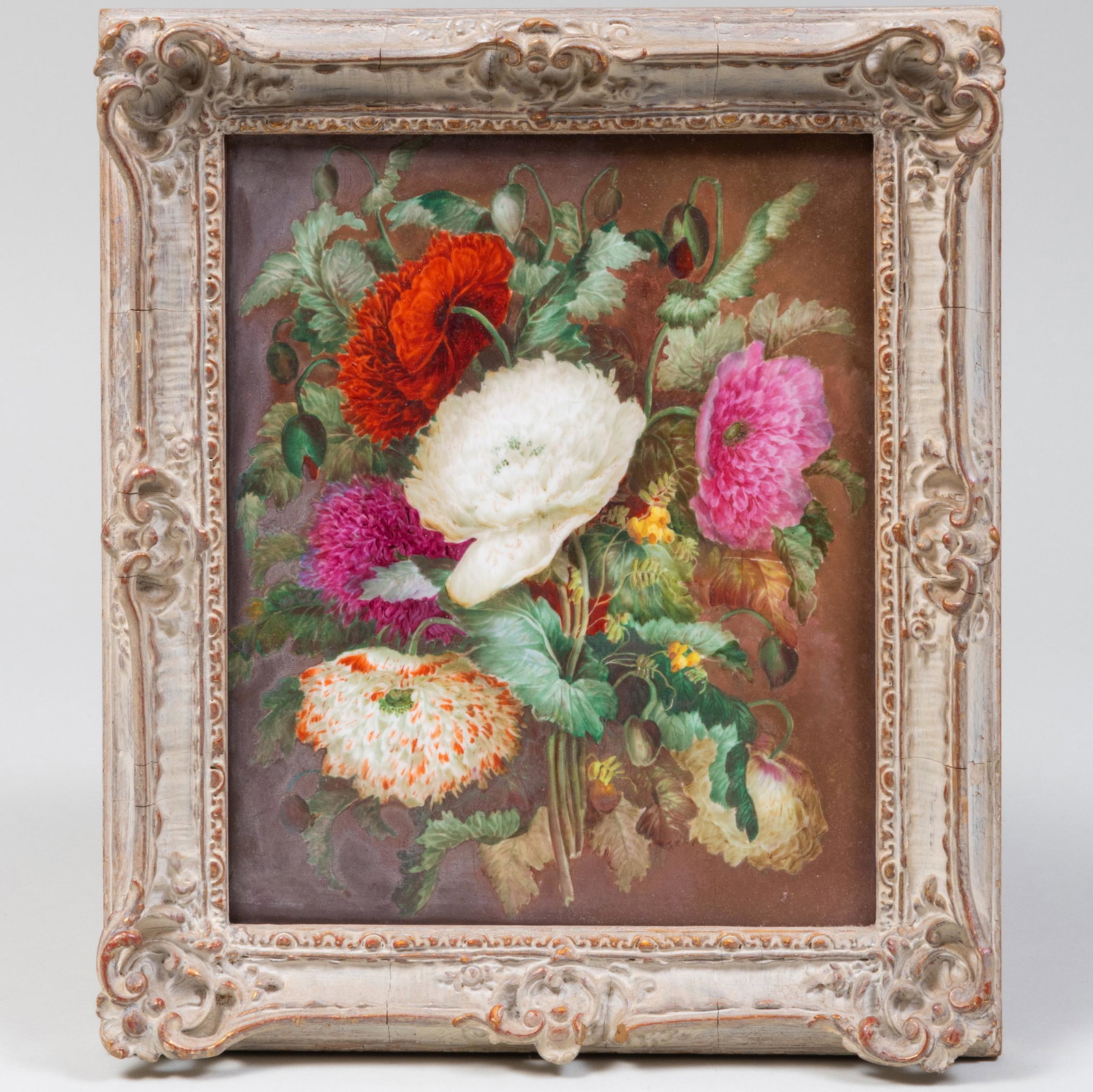 Derby Porcelain Rectangular Plaque with Bouquet: Derby Porcelain Rectangular Plaque with Bouquet Apparently unmarked. 12 3/4 x 11 in. (frame). Applied label for Arthur Ackermann & Son Inc, NY. Property from the Collection of Susan Lasker Brody
