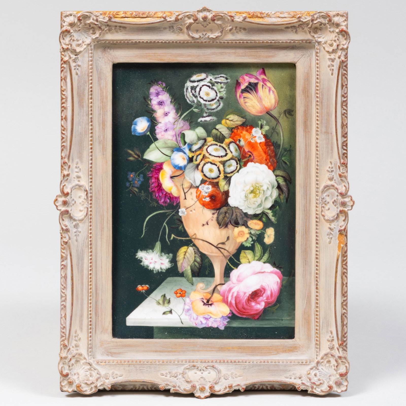 Derby Porcelain Rectangular Plaque with Bouquet: Derby Porcelain Rectangular Plaque with Bouquet Apparently unmarked. 13 x 10 in. (frame). Applied label for Arthur Ackerman & Son Inc, NY. Property from the Collection of Susan Lasker Brody