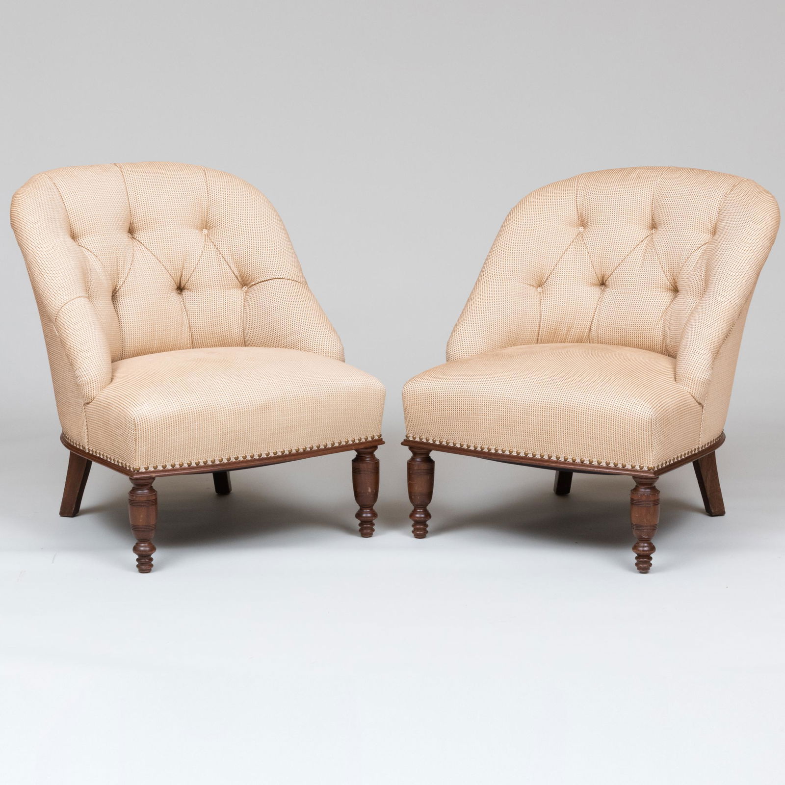 Pair of Victorian Style Stained Oak and Tufted Upholstered Slipper Chairs (1 of 7)