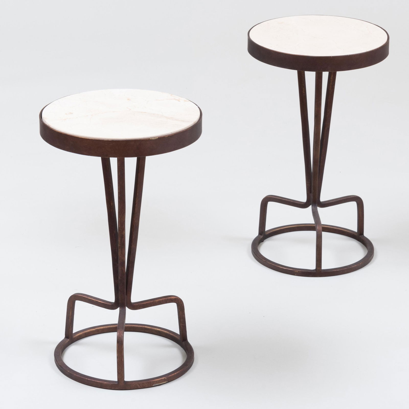 Pair of Contemporary Patinated-Metal and Travertine Circular Low Tables (1 of 7)