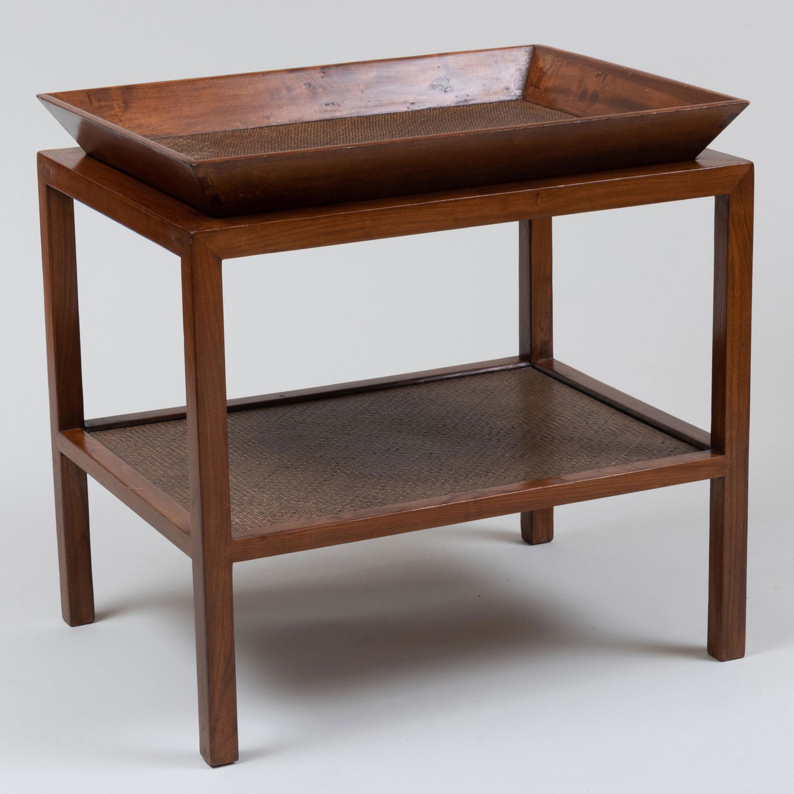 Asian Style Stained Hardwood and Woven Reed Tray Top Side Table: Asian Style Stained Hardwood and Woven Reed Tray Top Side Table Fitted with a detachable tray. 31 x 31 1/2 x 23 1/2 in. Property from the Collection of Susan Lasker Brody