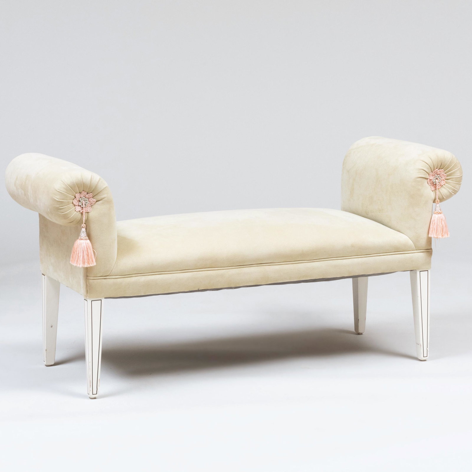 Modern White Painted and Suede Upholstered Window Bench: Modern White Painted and Suede Upholstered Window Bench 24 1/4 x 47 x 17 1/2 in.