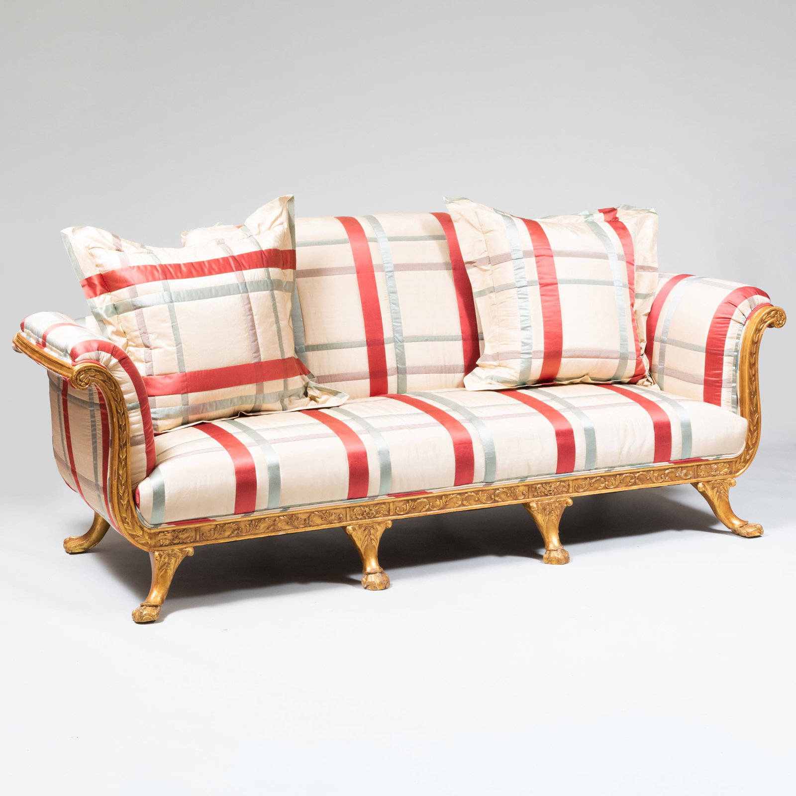 Regency Style Giltwood Satin Upholstered Settee: Regency Style Giltwood Satin Upholstered Settee 35 in. x 6 ft. 7 in. x 32 in., height of seat 16 in.