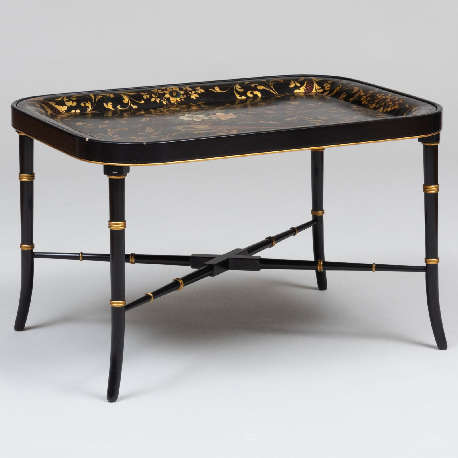 English Black and Polychrome Painted Tôle Tray on Later Stand: English Black and Polychrome Painted Tôle Tray on Later Stand 19 1/2 x 31 x 23 in.
