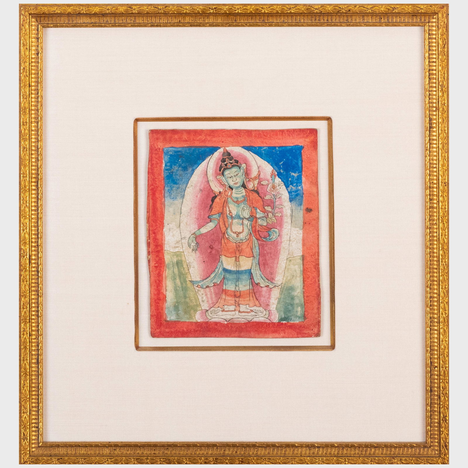 Pair of Tibetan Card Pictures of Green Tara on a Petal: Pair of Tibetan Card Pictures of Green Tara on a Petal Gouache on card. The first 6 x 5 in. (sheet), 13 3/4 x 12 3/4 in. (frame); the second 6 1/4 x 5 in. (sheet), 13 3/4 x 12 3/4 in. (frame). Propert