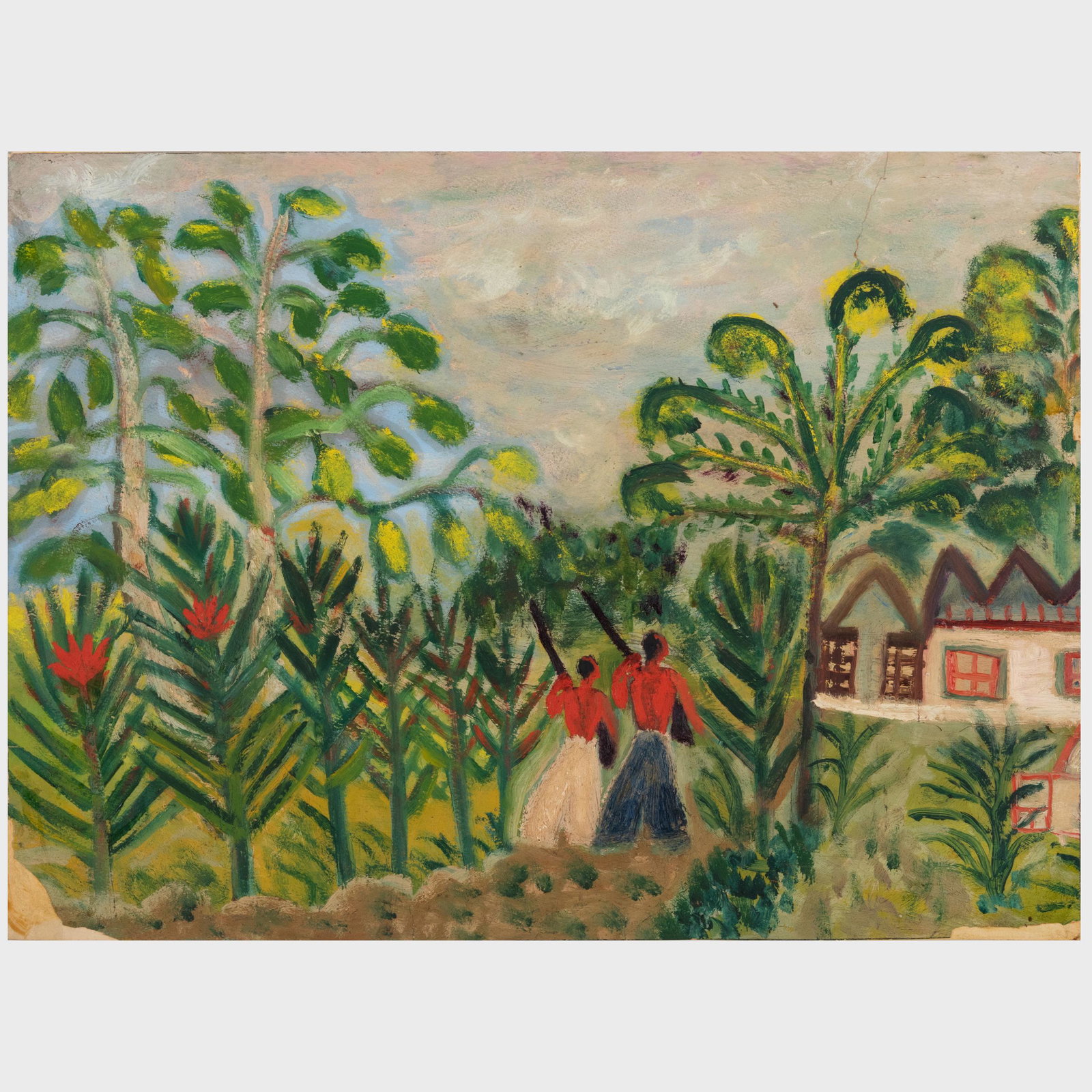 Ruth Livingston: Palm Trees; Two White Birches; Tropical Trees; and The Hunters: Ruth Livingston: Palm Trees; Two White Birches; Tropical Trees; and The Hunters Oil on paperboard, oil on Masonite, oil on canvasboard and oil on paper mounted on board respectively, all unsigned and 