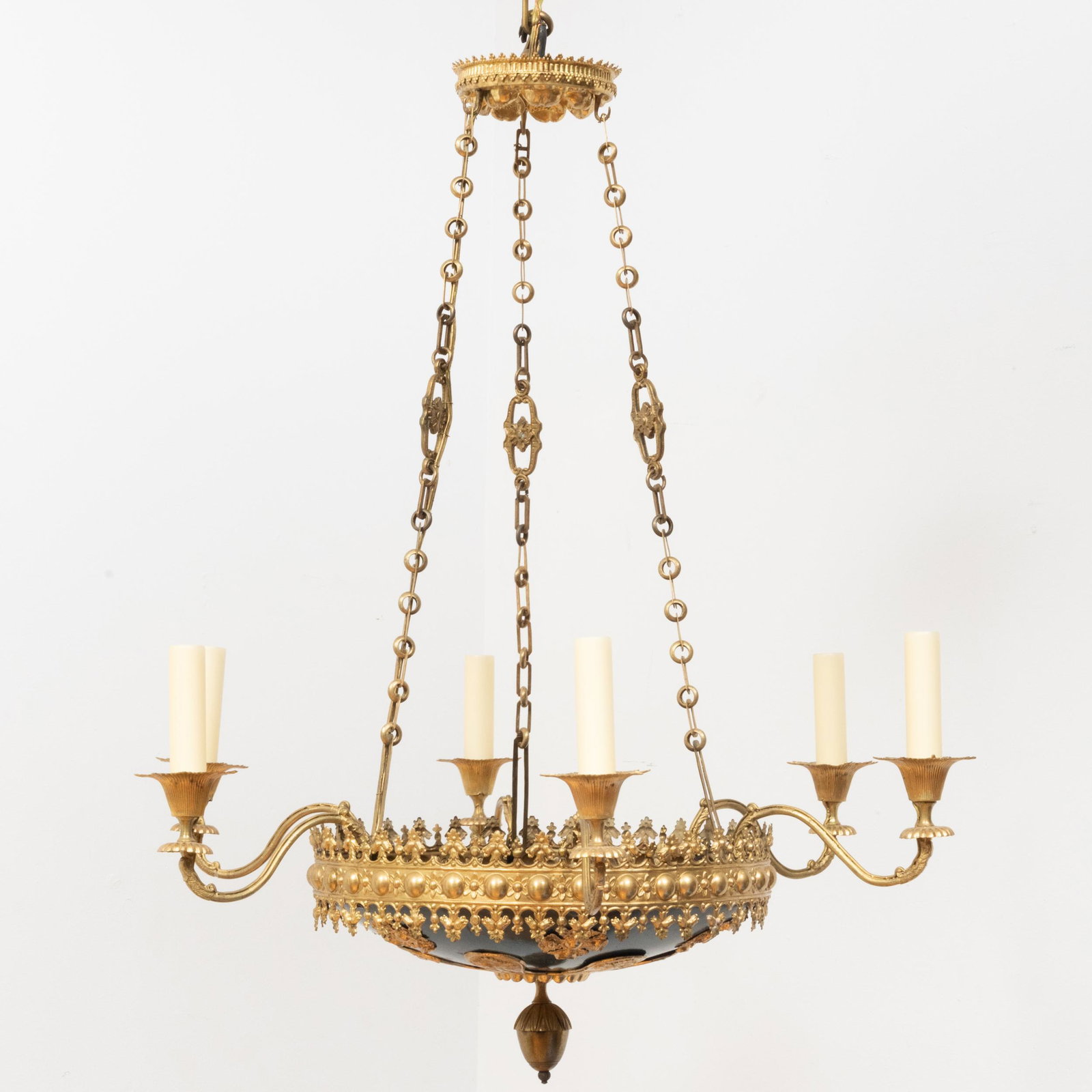 German Pressed Brass and Tôle Six-Light Chandelier: German Pressed Brass and Tôle Six-Light Chandelier Fitted with three interior lights on the tôle dish. 29 1/2 x 26 1/2 in. diam.