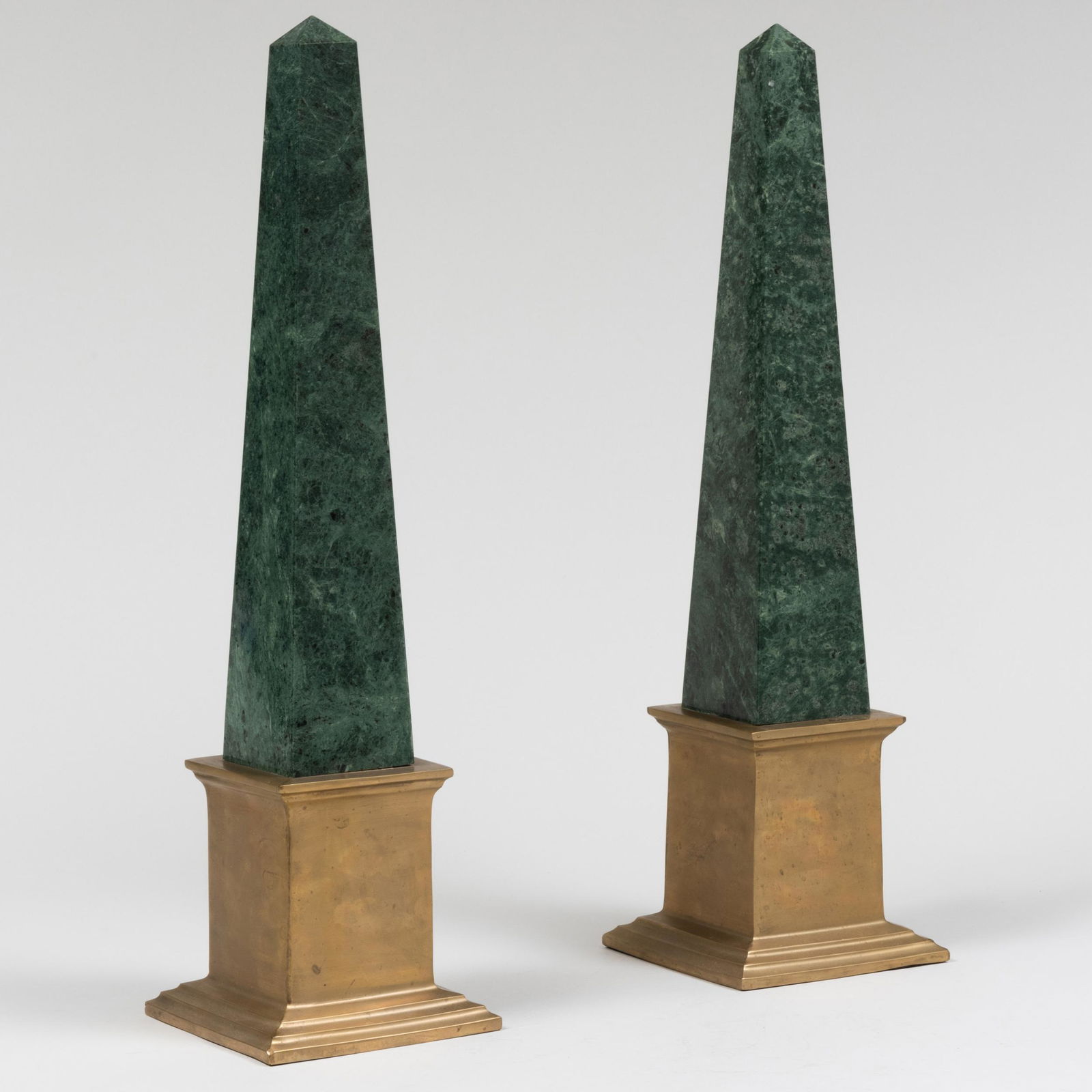 Pair of Brass-Mounted Verde Antico Marble Obelisks: Pair of Brass-Mounted Verde Antico Marble Obelisks 21 x 5 1/2 x 5 1/2 in. Property of a Gentleman, Salisbury, CT