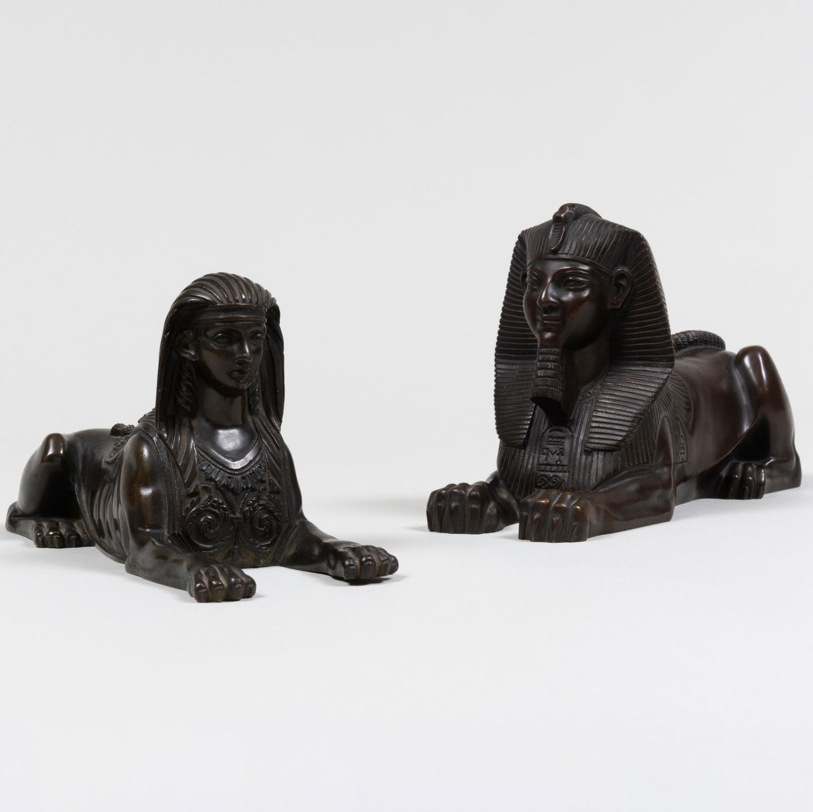 Two Similar Bronze Models of Sphinxes: Two Similar Bronze Models of Sphinxes The larger 5 x 9 x 3 in., the smaller 3 3/4 x 8 x 2 1/2 in. Property of a Gentleman, Salisbury, CT