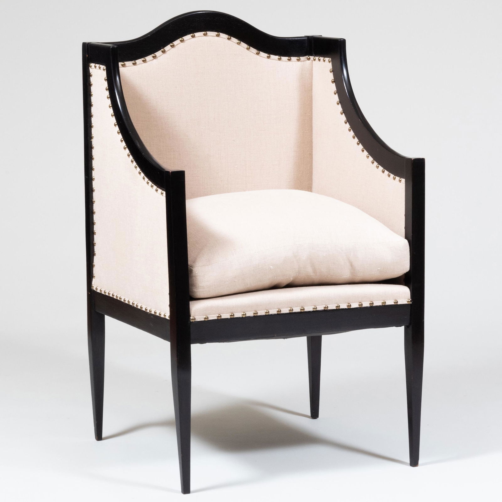 Ebonized and Linen Upholstered Arm Chair, Of Recent Manufacture (1 of 9)