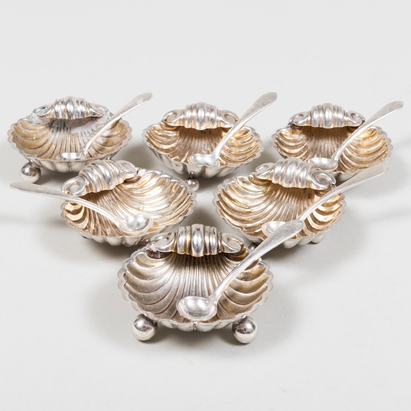 Set of Four English Silver Shell Form Salts and Six American Silver Spoons (1 of 11)