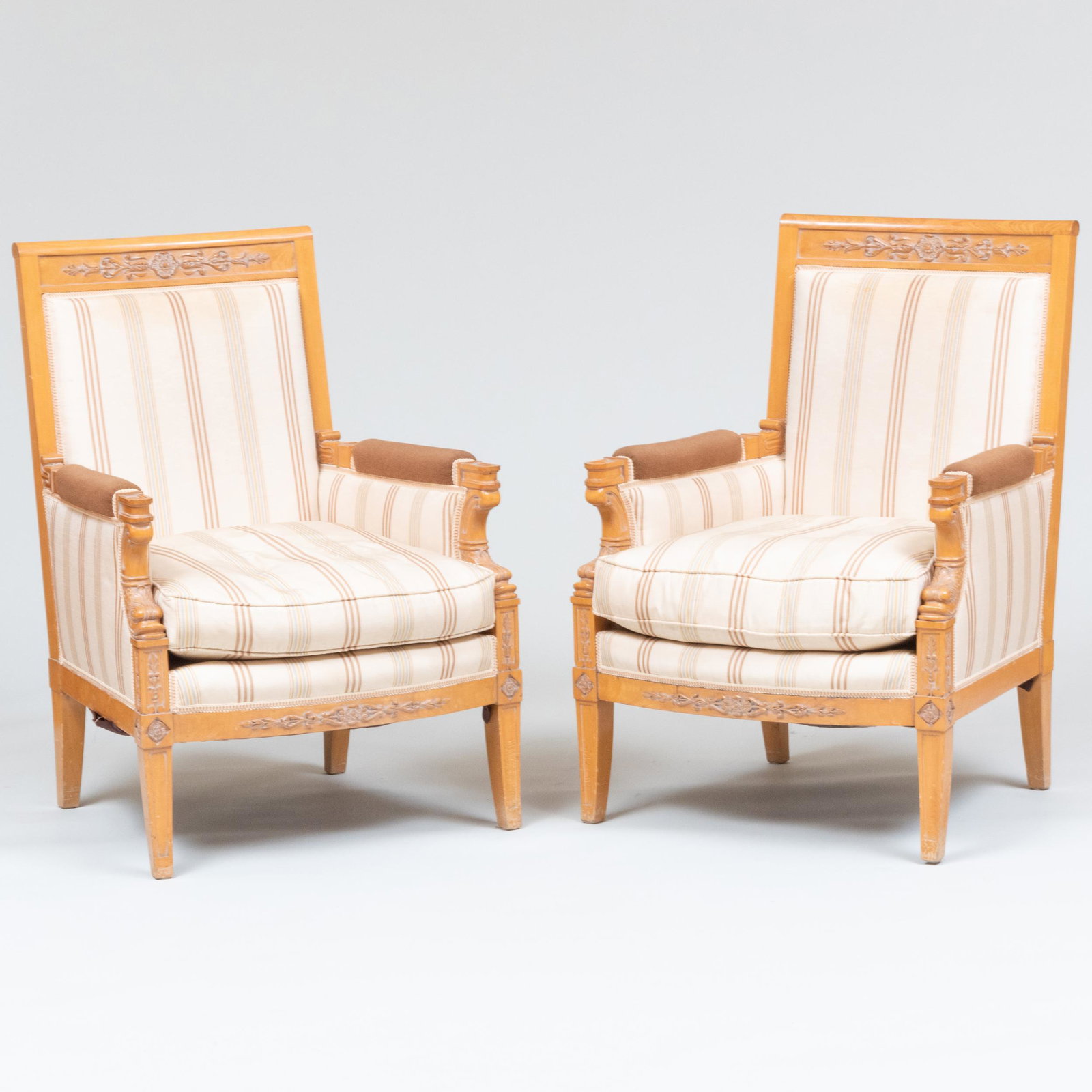 Pair of Contemporary Carved and Limed Birch Upholstered Bergères: Pair of Contemporary Carved and Limed Birch Upholstered Bergères 36 3/4 x 27 x 27 in., height of seat 18 in.