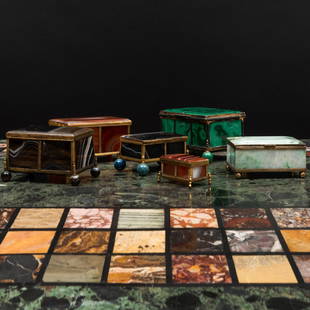 Group of Six Gilt-Metal-Mounted Hardstone Table Boxes: Group of Six Gilt-Metal-Mounted Hardstone Table Boxes 2 3/4 x 5 1/4 x 3 3/8 in., the largest. Master Class: John Rosselli at Home