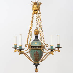 Regency Style Painted Metal and Parcel-Gilt Five-Light Chandelier: Regency Style Painted Metal and Parcel-Gilt Five-Light Chandelier 27 x 20 1/2 in. diam. Master Class: John Rosselli at Home