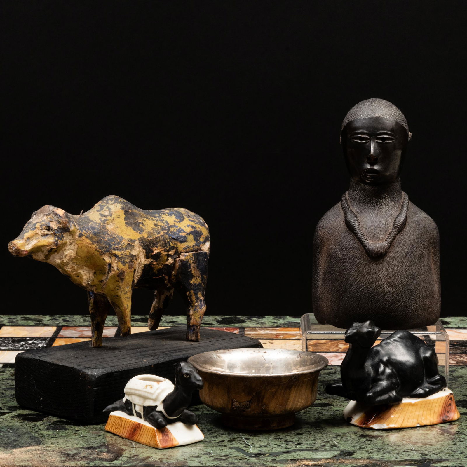 Two Porcelain Camels, a Carving of a Cow, a Silver-Mounted Wood Bowl and a Pottery Bust (1 of 20)