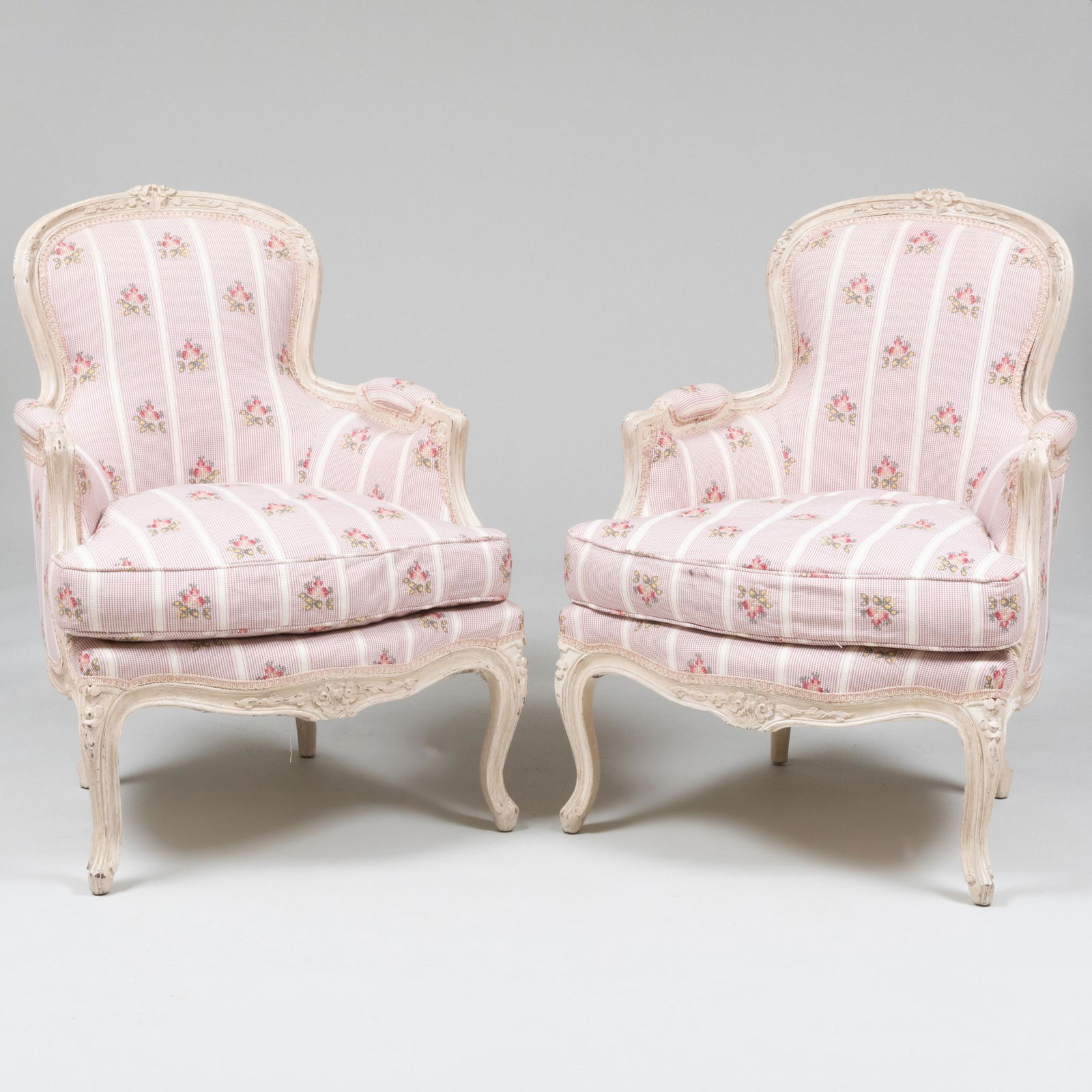 Pair of Louis XV Style Cream Painted Floral-Upholstered Bergères (1 of 10)