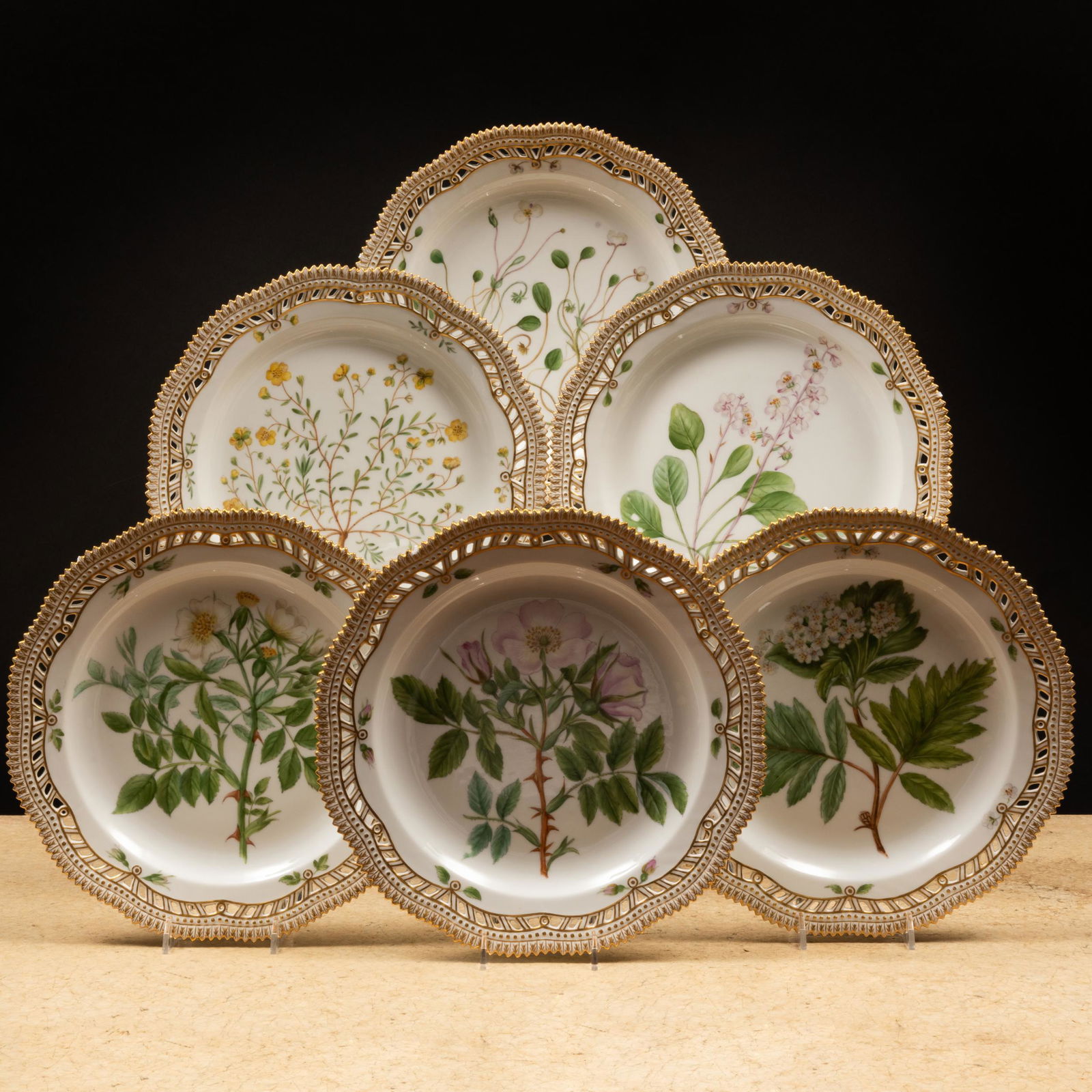 Set of Fourteen Flora Danica Porcelain Reticulated Dinner Plates (1 of 16)