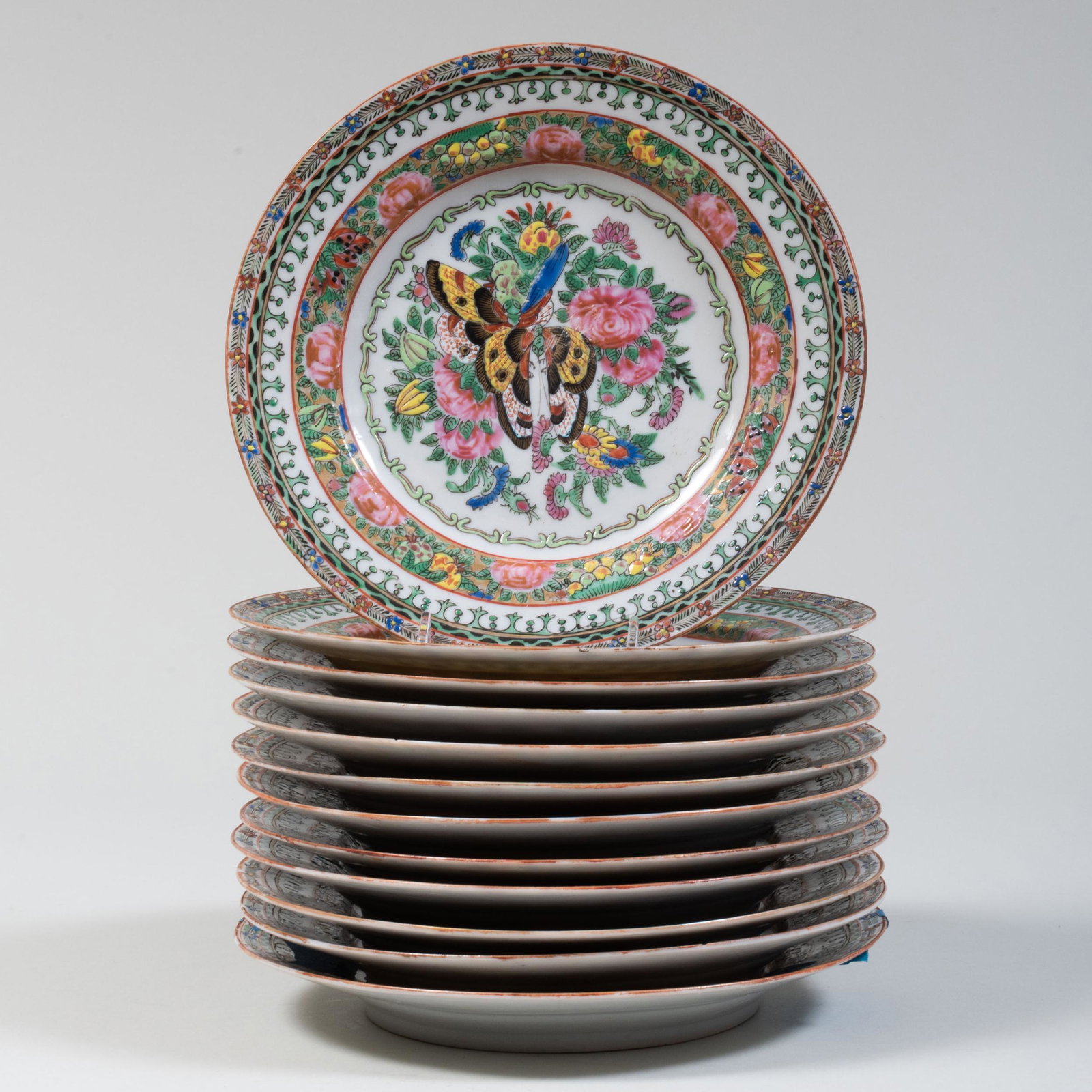 Set of Twelve Chinese Export Rose Medallion Porcelain Plates: Set of Twelve Chinese Export Rose Medallion Porcelain Plates Iron red character mark. 8 1/4 in. diam. Property from the Estate of James Larmett