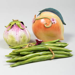 Three Katherine Houston Porcelain Models of Fruit and Vegetables: Three Katherine Houston Porcelain Models of Fruit and VegetablesMonogram mark.Comprising:A peachAn exotic fruitA group of green beansThe largest 3 3/4 x 4 in. diam.