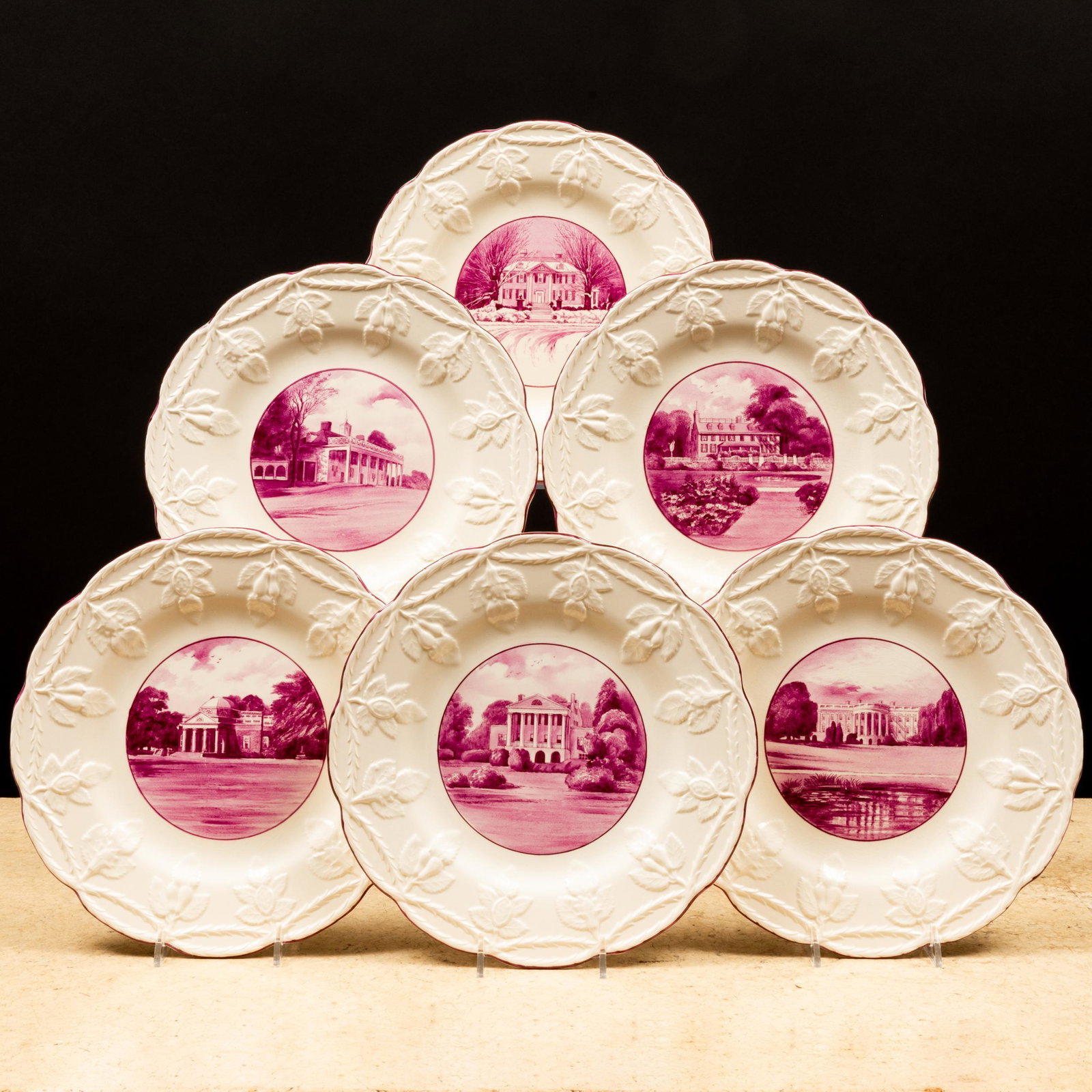 Set of Twelve Wedgwood Isabel Marshall Puce Decorated Topographical Plates: Set of Twelve Wedgwood Isabel Marshall Puce Decorated Topographical Plates Impressed and printed marks. 9 1/2 in. diam.