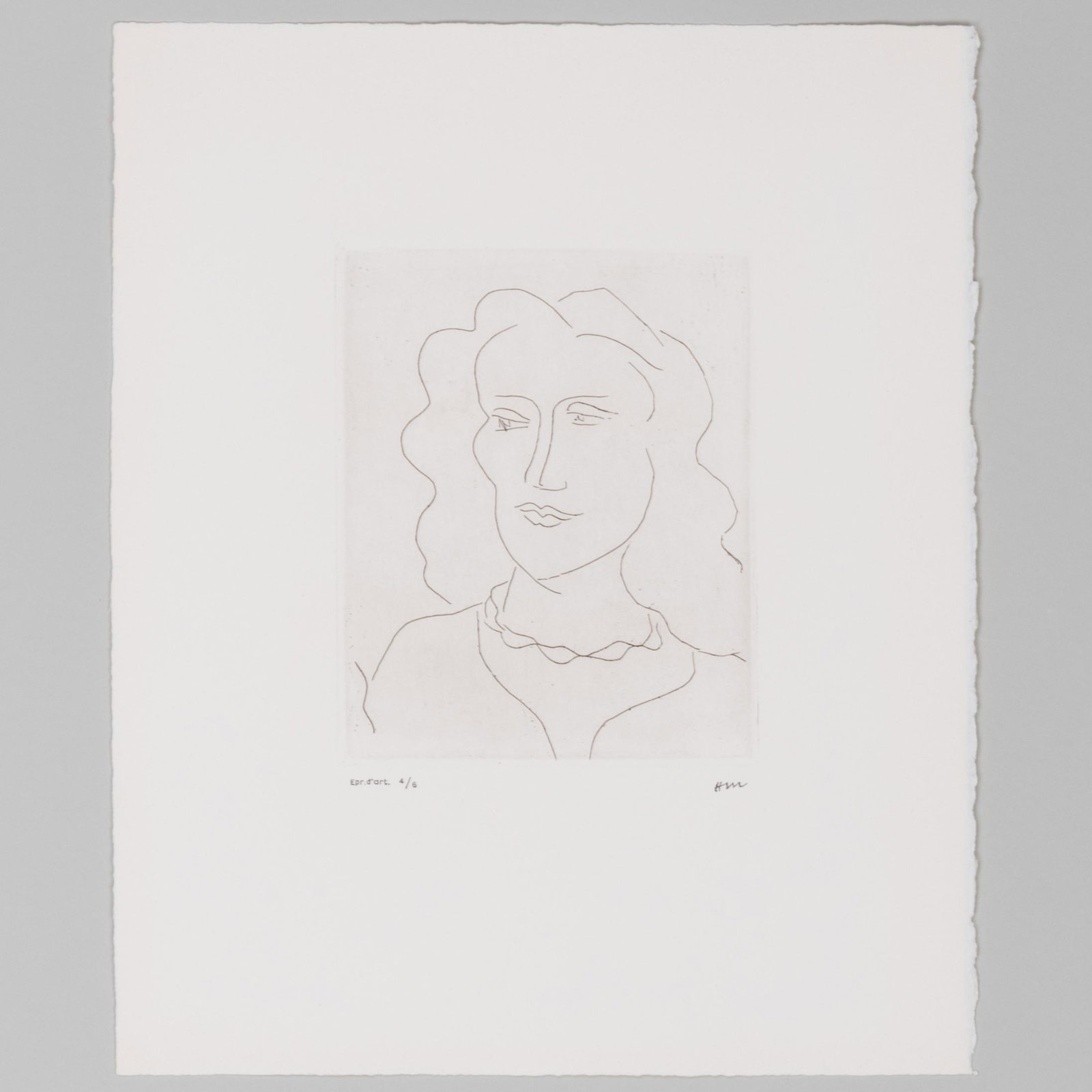 Henri Matisse (1869-1954): Jeune femme, visage du trois-quarts: Henri Matisse (1869-1954): Jeune femme, visage du trois-quarts Etching in black on wove paper, 1946, with the stamped initials and numbered 'Epr. d'art' 4/6. 15 x 11 1/8 in. (sheet), unframed. Literat