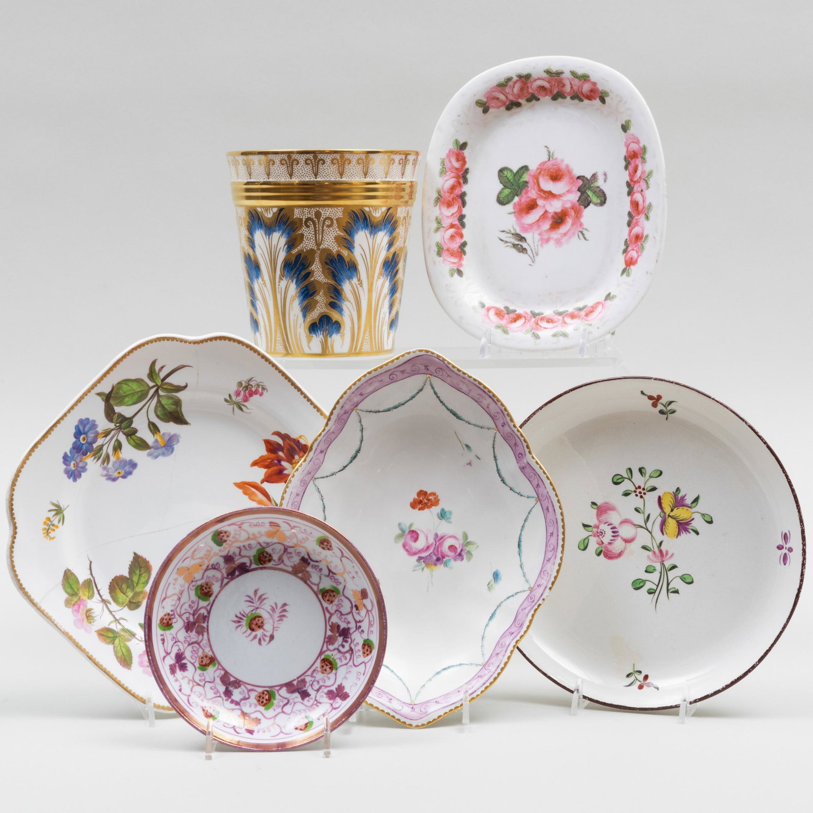 Group of English Tablewares: Group of English Tablewares Comprising: A Royal Crown Derby navette dish, puce painted mark A teapot stand, unmarked A lusterware saucer, unmarked A saucer dish, unmarked A botanical square plate, ins